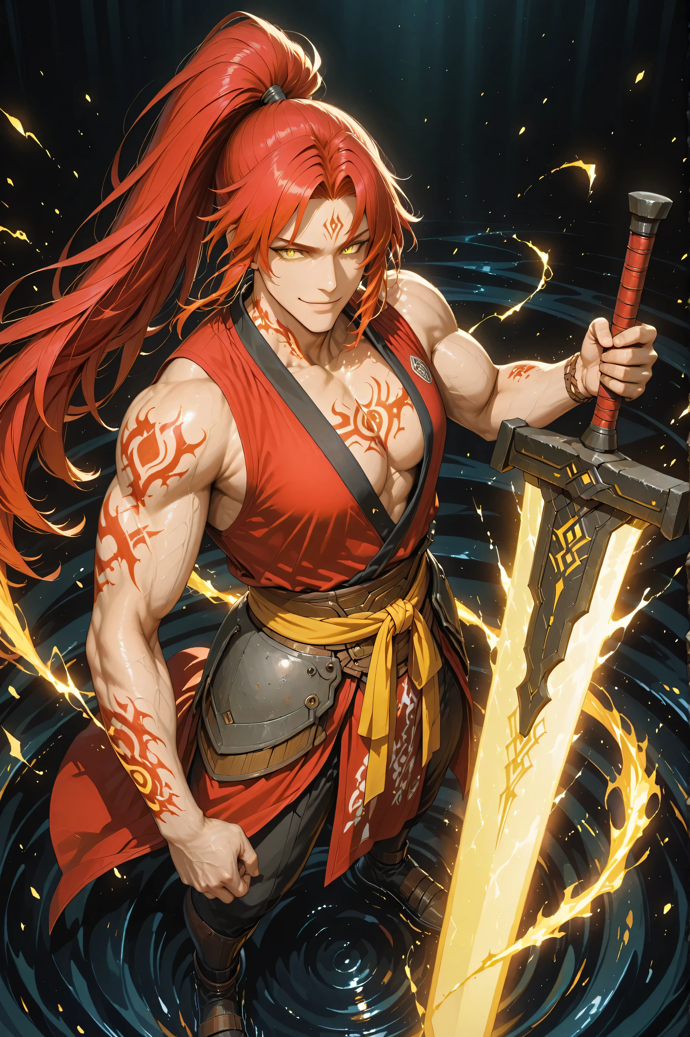 holding_sword,Anime-style full body shot from above, showing a tall, handsome, muscular adult man with light Asian skin, long red hair streaked with yellow and red tied in a high ponytail, and a confident smile. His bright yellow eyes gleam with fiery energy.
He wears a cultivator-style top and outfit which was a whole body red martial clothes with yellow hints made of light, flowing fabric, tied with a yellow sash at the waist. red and yellow tattoos across the body
He grips a massive huge greatsword, standing in a bold battle pose as lightning and fire swirl around him.
Dark background, cinematic lighting, ultra-detailed anime style, radiating a furious red-and-yellow flame-thunder aura.