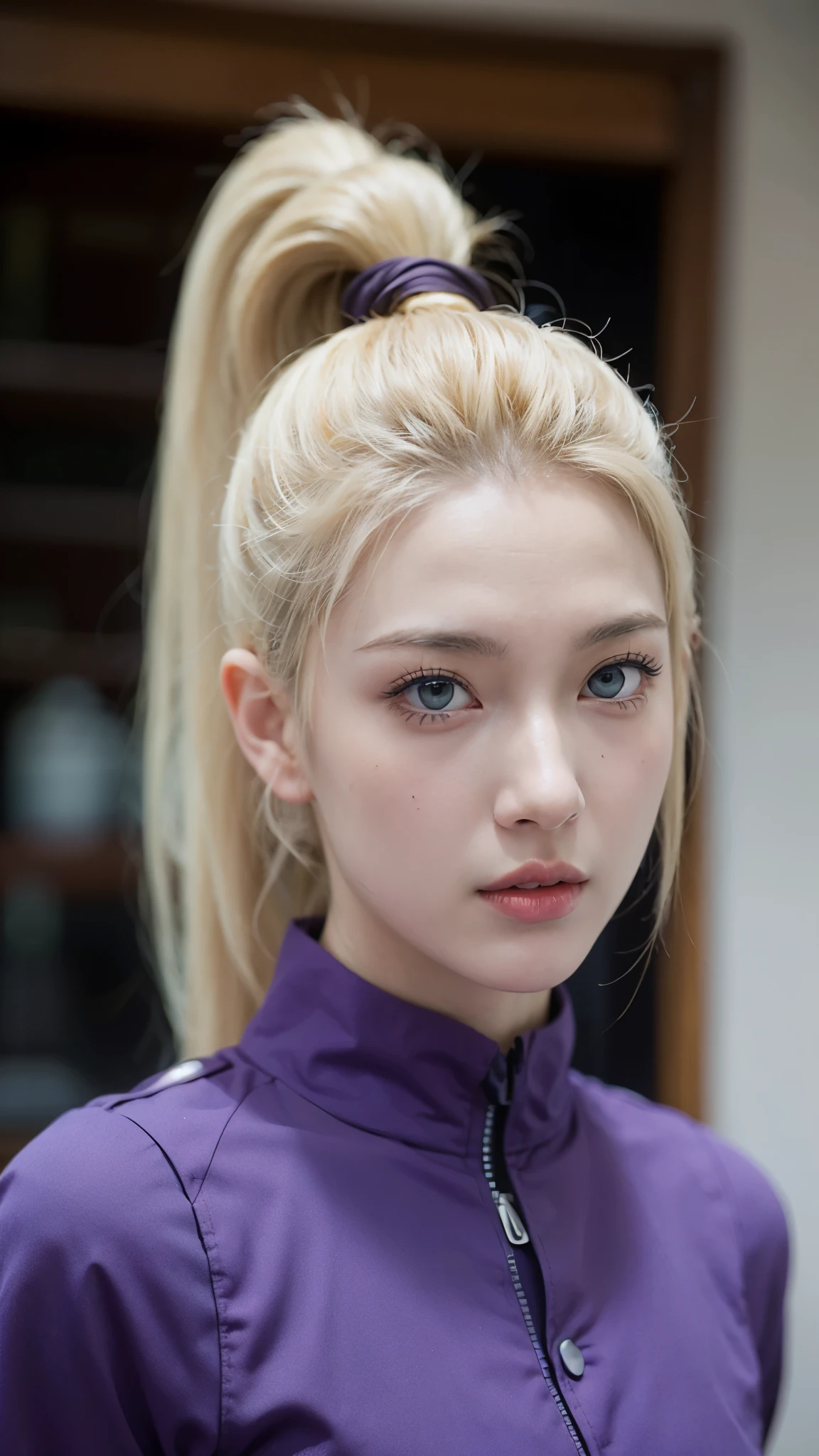 Yamanaka Ino from Naruto Shippuden, half-body portrait, ultra-realistic and highly detailed, HD quality. She has long platinum blonde hair tied in a high ponytail, bright blue eyes, and elegant facial features. Wearing her signature purple ninja outfit with mesh armor and Konoha forehead protector. Soft studio lighting, realistic skin texture, fine fabric details, cinematic background blur, photorealistic anime style, ultra HD, 8K, masterpiece