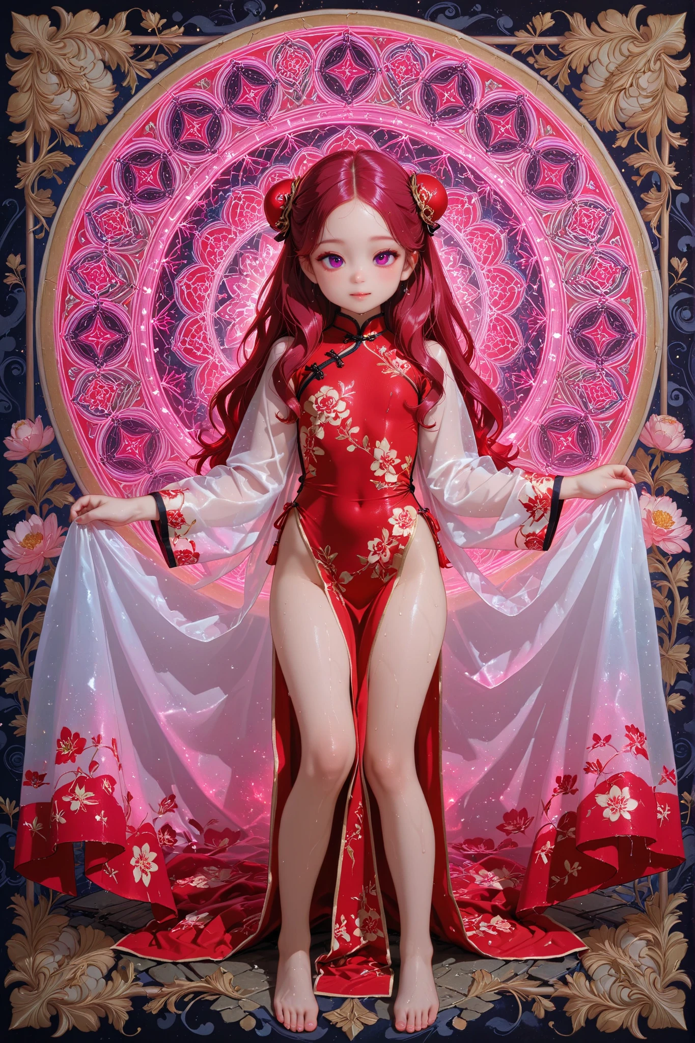 princess, small breast, baby-like face, infant body shape, small hips, white skin, short limbs, (((long reddish-purple red crimson long hair))) (((ツインテールヘアー))) ((glowing sky-blue big eyes)), gold, silver and floral hair ornament, full body, dewy skin very wet, dynamic pose, infant body shape, toddler hips, naked,
BREAK,
(((wearing cheongsam dress))), ((wearing a transparent cape)), full body,
no underwear,
BREAK,
(zentangle, mandala, tangle, entangle), (ecstasy of flower:1.2) golden background, the most beautiful form of chaos, elegant, a brutalist designed, flower art, zentangle, mandala, tangle, entangle, vivid colours, romanticism, atmospheric,
BREAK,
official art, unity 8k wallpaper, ultra detailed, beautiful and aesthetic, beautiful, masterpiece, best quality ((by Mucha)) (((naked))) ((art deco)) ((botanical art)) ((flower art)) ((floral)) ((colorful)) masterpiece, high resolution, high definition, highest quality, digital painting, 4k, HDR, delicate texture, enchanting atmosphere,
BREAK,
(最高品質, 8k,32K,傑作, 超高解像度:1.2),非常に詳細なCGユニティ8K壁紙,複雑な詳細,生写真,(写実的:1.4),雰囲気,超高解像度,現実istic,現実,巨大な_ファイルサイズ,非常に高解像度,(中央揃え:1.3),超イラスト,(超詳細な),シネマティックライティング,様々な色,被写界深度,アート:クレンツ・クシャールト,ゴールデンアワーライティング, を正確に描いた ,シグマアートレンズ 35mm F1.4,ISO 200 シャッタースピード 2000