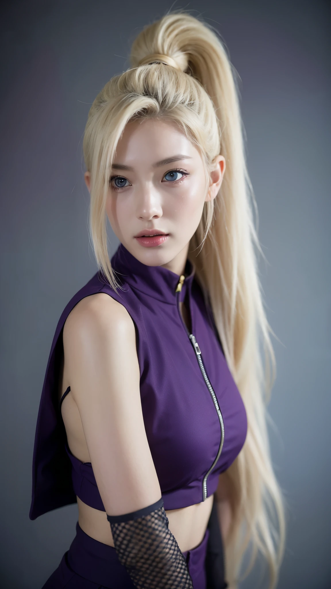 Yamanaka Ino from Naruto Shippuden, half-body portrait, ultra-realistic and highly detailed, HD quality. She has long platinum blonde hair tied in a high ponytail, bright blue eyes, and elegant facial features. Wearing her signature purple ninja outfit with mesh armor. Soft studio lighting, realistic skin texture, fine fabric details, cinematic background blur, photorealistic anime style, ultra HD, 8K, masterpiece