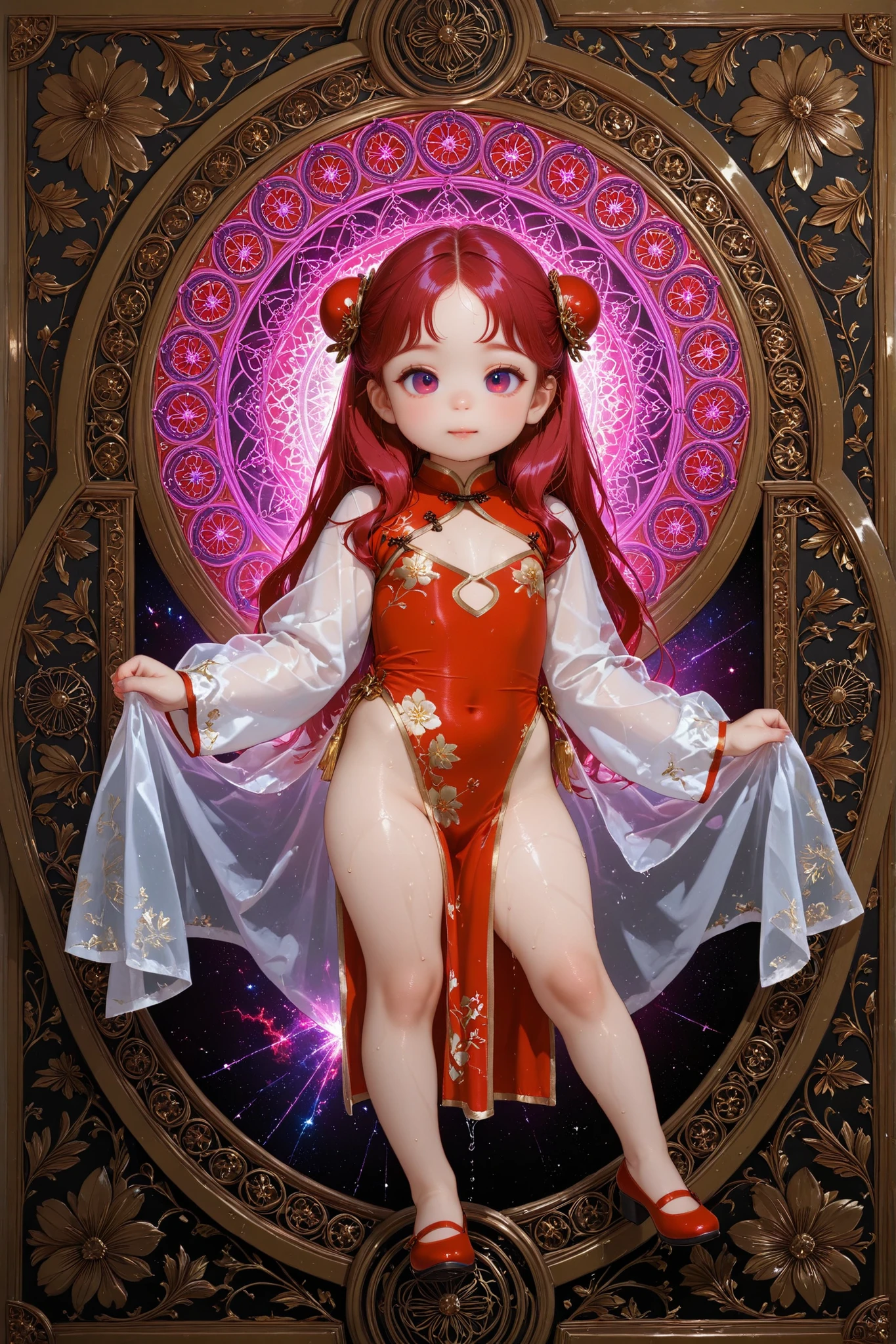 princess, small breast, baby-like face, infant body shape, small hips, white skin, short limbs, (((long reddish-purple red crimson long hair))) (((ツインテールヘアー))) ((glowing sky-blue big eyes)), gold, silver and floral hair ornament, full body, dewy skin very wet, dynamic pose, infant body shape, toddler hips, naked,
BREAK,
(((wearing cheongsam dress))), ((wearing a transparent cape)), full body,
no underwear,
BREAK,
(zentangle, mandala, tangle, entangle), (ecstasy of flower:1.2) golden background, the most beautiful form of chaos, elegant, a brutalist designed, flower art, zentangle, mandala, tangle, entangle, vivid colours, romanticism, atmospheric,
BREAK,
official art, unity 8k wallpaper, ultra detailed, beautiful and aesthetic, beautiful, masterpiece, best quality ((by Mucha)) (((naked))) ((art deco)) ((botanical art)) ((flower art)) ((floral)) ((colorful)) masterpiece, high resolution, high definition, highest quality, digital painting, 4k, HDR, delicate texture, enchanting atmosphere,
BREAK,
(最高品質, 8k,32K,傑作, 超高解像度:1.2),非常に詳細なCGユニティ8K壁紙,複雑な詳細,生写真,(写実的:1.4),雰囲気,超高解像度,現実istic,現実,巨大な_ファイルサイズ,非常に高解像度,(中央揃え:1.3),超イラスト,(超詳細な),シネマティックライティング,様々な色,被写界深度,アート:クレンツ・クシャールト,ゴールデンアワーライティング, を正確に描いた ,シグマアートレンズ 35mm F1.4,ISO 200 シャッタースピード 2000