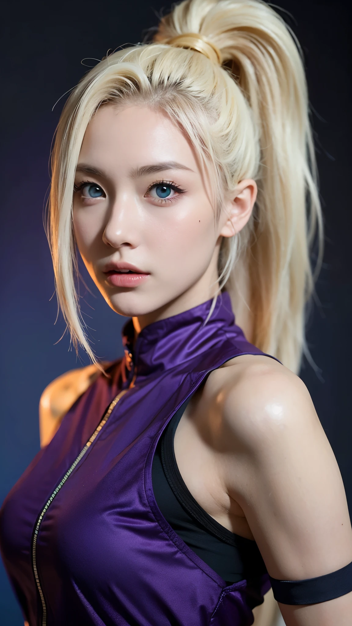Yamanaka Ino from Naruto Shippuden, half-body portrait, ultra-realistic and highly detailed, HD quality. She has long platinum blonde hair tied in a high ponytail, bright blue eyes, and elegant facial features. Wearing her signature purple ninja outfit with mesh armor . Soft studio lighting, realistic skin texture, fine fabric details, cinematic background blur, photorealistic anime style, ultra HD, 8K, masterpiece