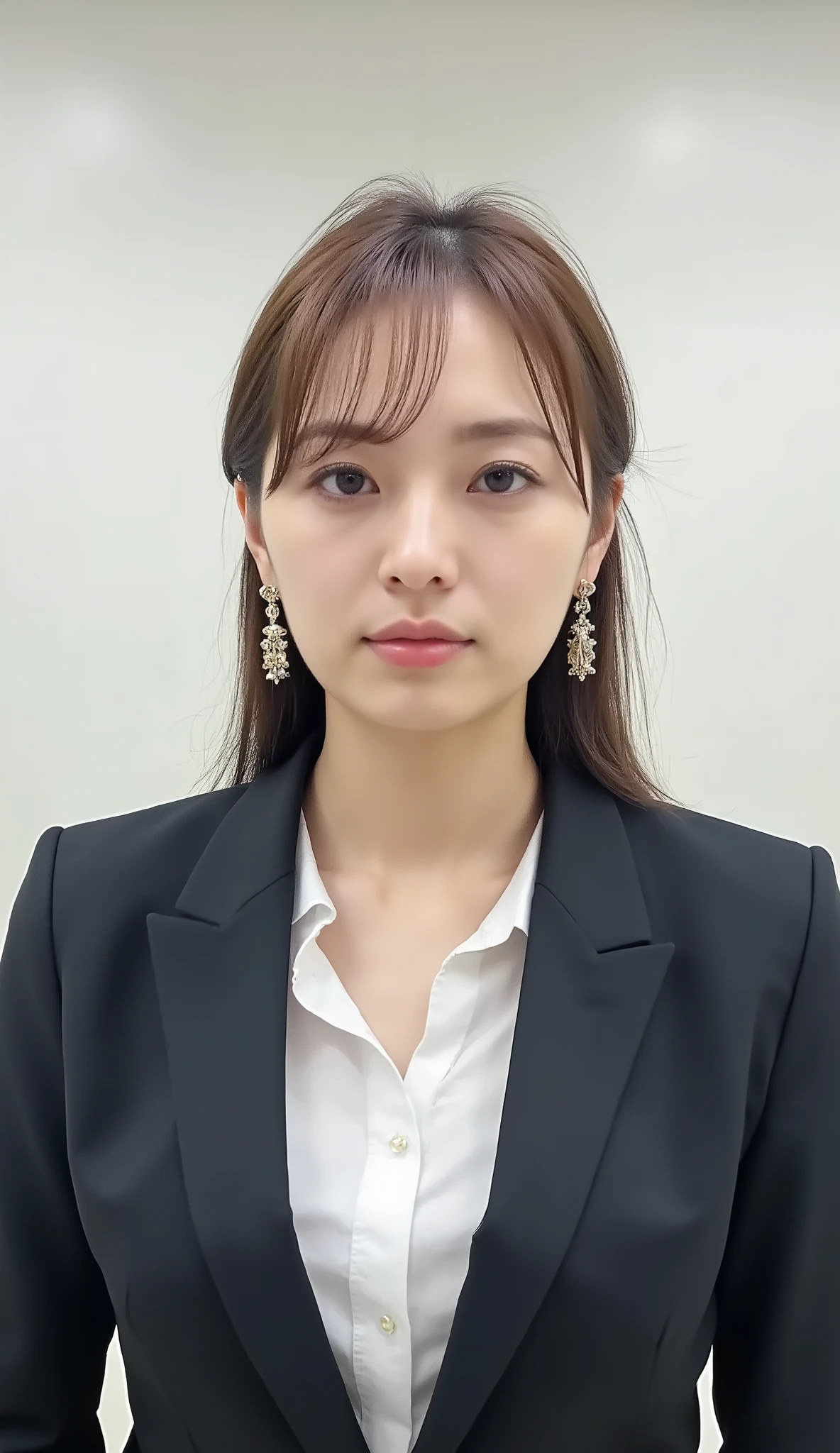 Neat Young Woman、looking at the camera、office lady suit、jacket、shirt、Ear piercings、has bangs 、薄い茶髪、、No expression、has closed its mouth、face close-up、The background is office