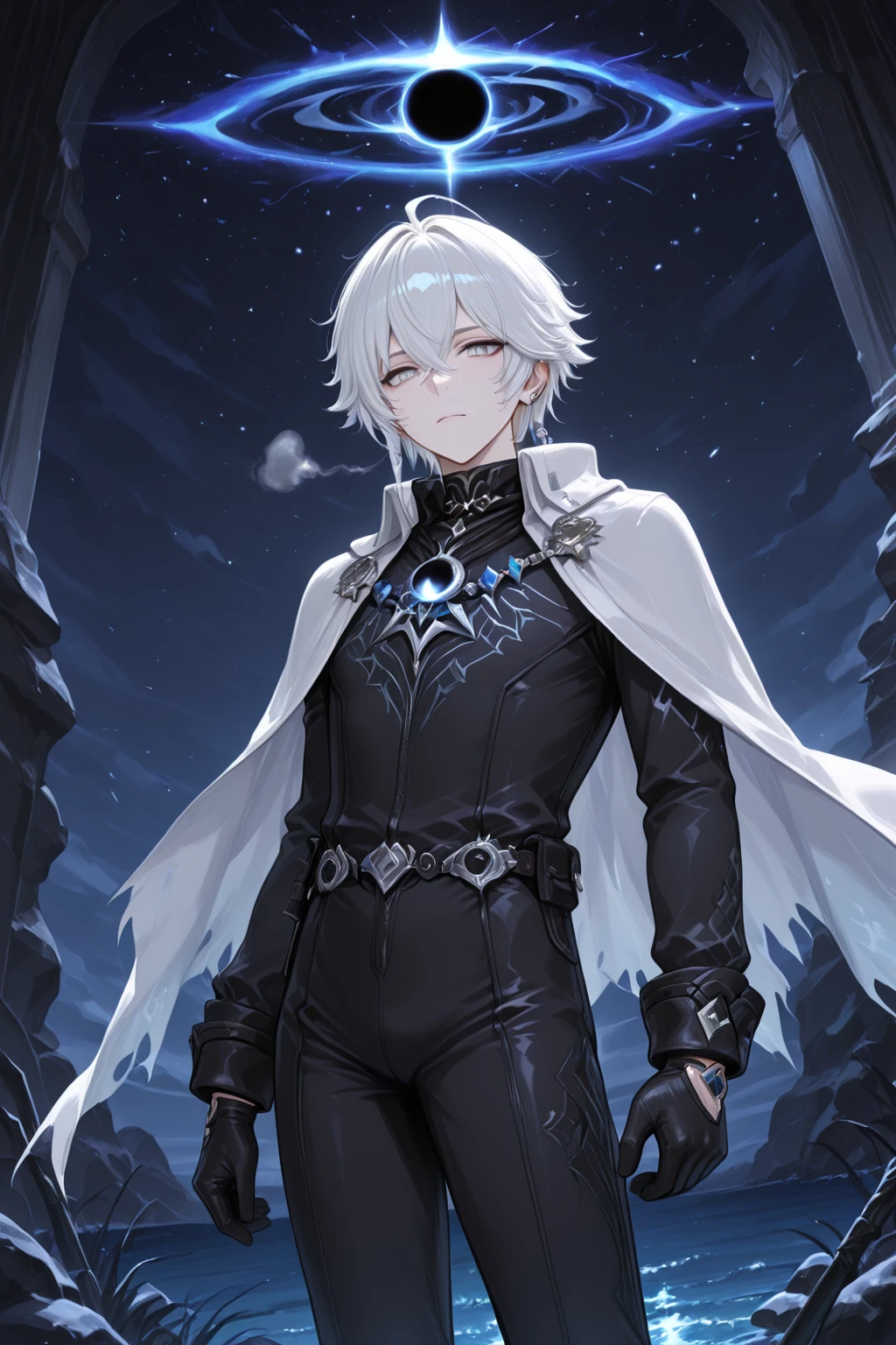 1 , handsome fashion hair,black hair highlight white hair, fanstasy, smile face, male ,fantasy, reaper, hunter with blackshortsword, villian face, black armor , darkness wolrd, bad
