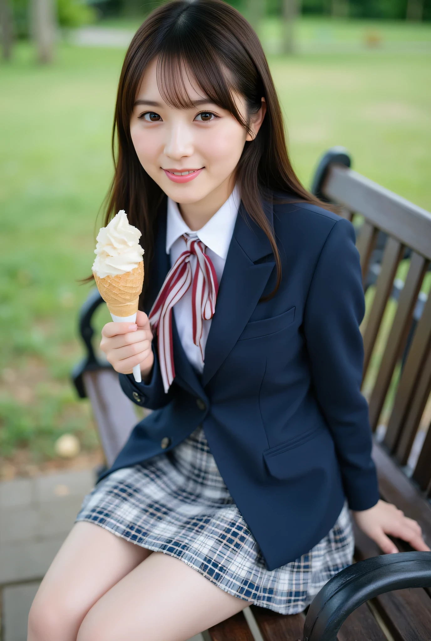ultra detailed,8k,high resolution,beautiful detailed,high contrast,sharp focus, 50mm, f3,5,
best quality,super hyper realism,realistic,photorealism,(realistic skin:1.2),
japanese solo girl, no makeup, (from above:1,2), looking at viewer, straight-on cinematic portrait, shallow depth of field, ultra realistic, smile,
Japanese high school girl, navy blazer jacket with three buttons and tailored collar, white shirt underneath, chest ribbon in striped pattern of burgundy, navy, and white, bottom options include a pleated skirt with plaid pattern in navy, burgundy, and white, black high socks, black loafers,
sitting on a park bench, girl holding ice cream cone with both hands, looking at it with joy, (girl licking ice cream1,3), with tongue out, ice cream, close-up on lips and tongue, spread legs