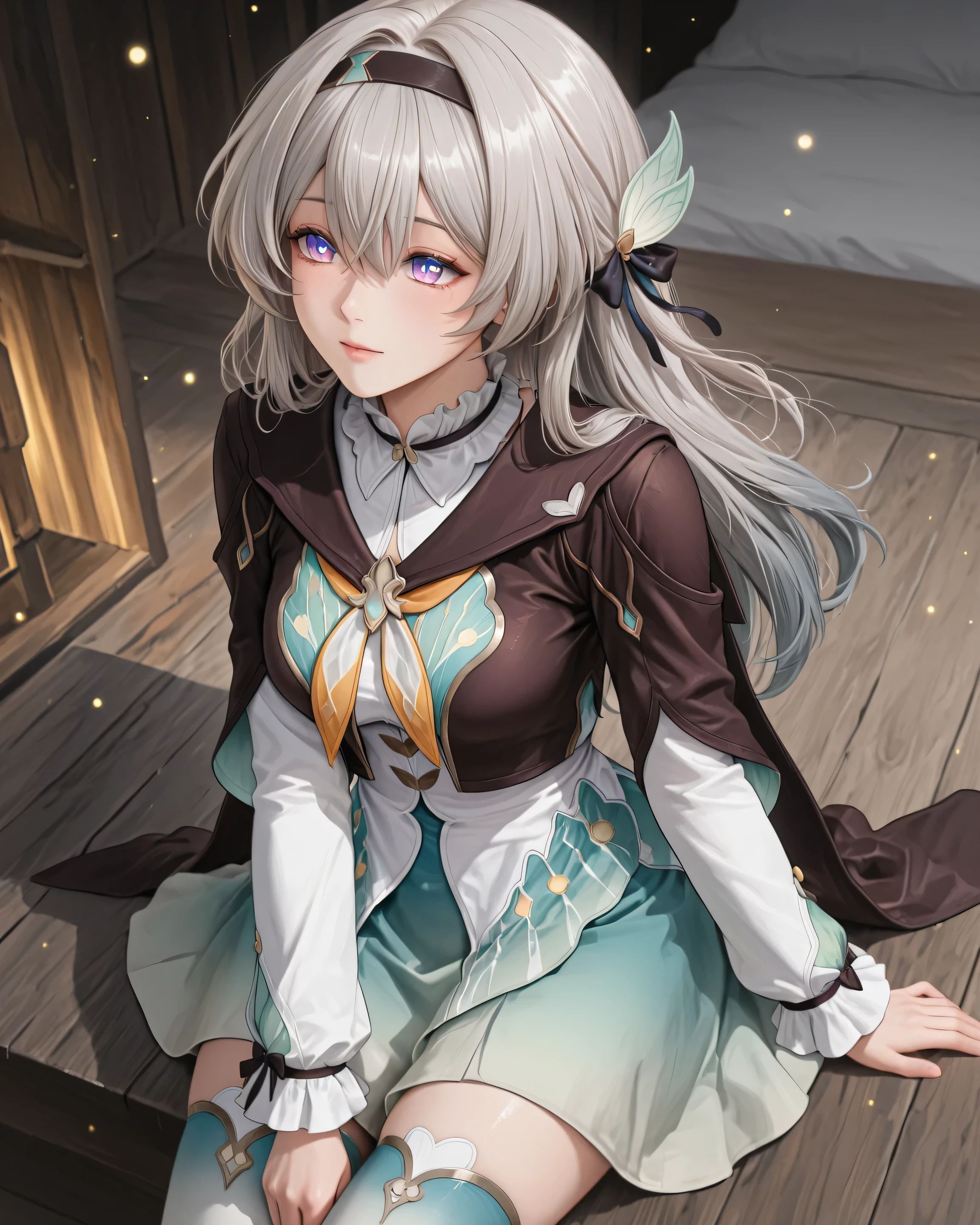 F1reflyDF, blue pupils, purple eyes, blue eyes, grey hair, multicolored hair, long hair, black hairband, hair ornament, brown capelet, frilled collar, white shirt, long white sleeves, green skirt, gradient thighhighs.