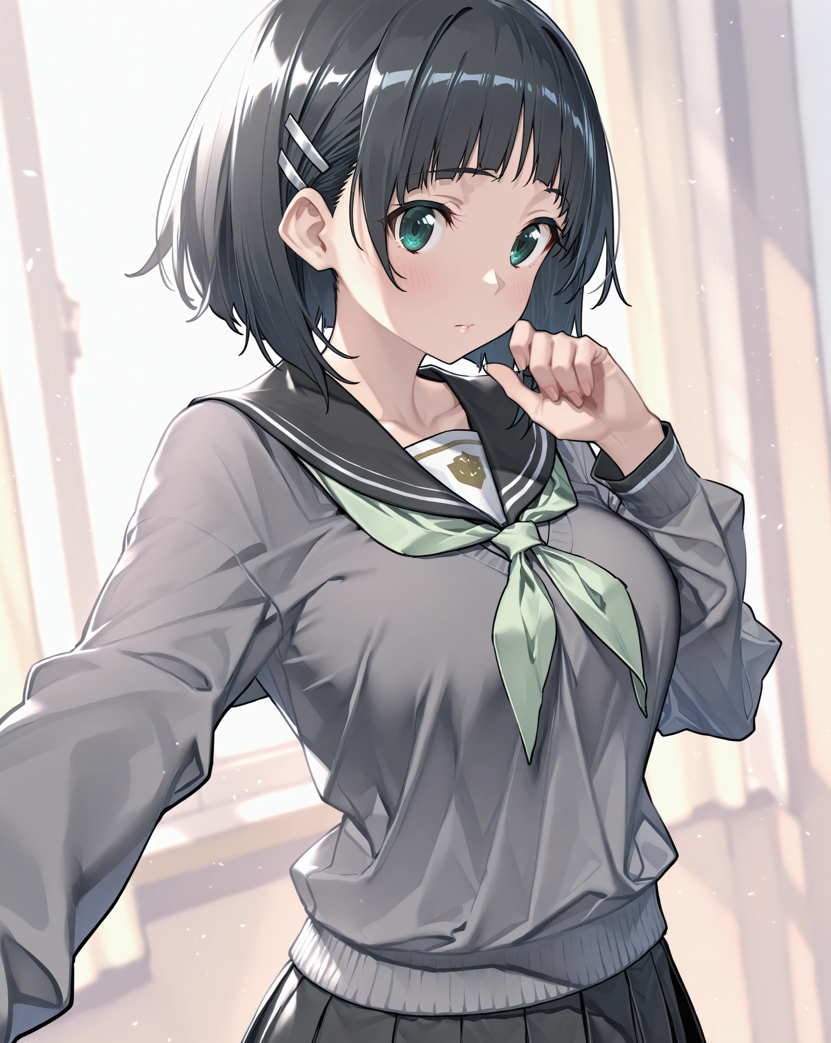 (masterpiece, highest quality:1.2),figure,8k,hd,1 girl,alone,black_hair,short_ponytail,white serafuku,side lock,low_ponytail,green_eye,smile,black_eye,School_uniform,pleats_skirt,skirt,