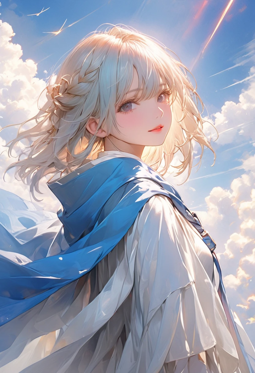 masterpiece, best quality, shawl, Hairpin,shirt,skirt, Sky, cloud, outdoor, Smile, Atmospheric perspective,Fashion pose，Mature and elegant elder sister，only one person