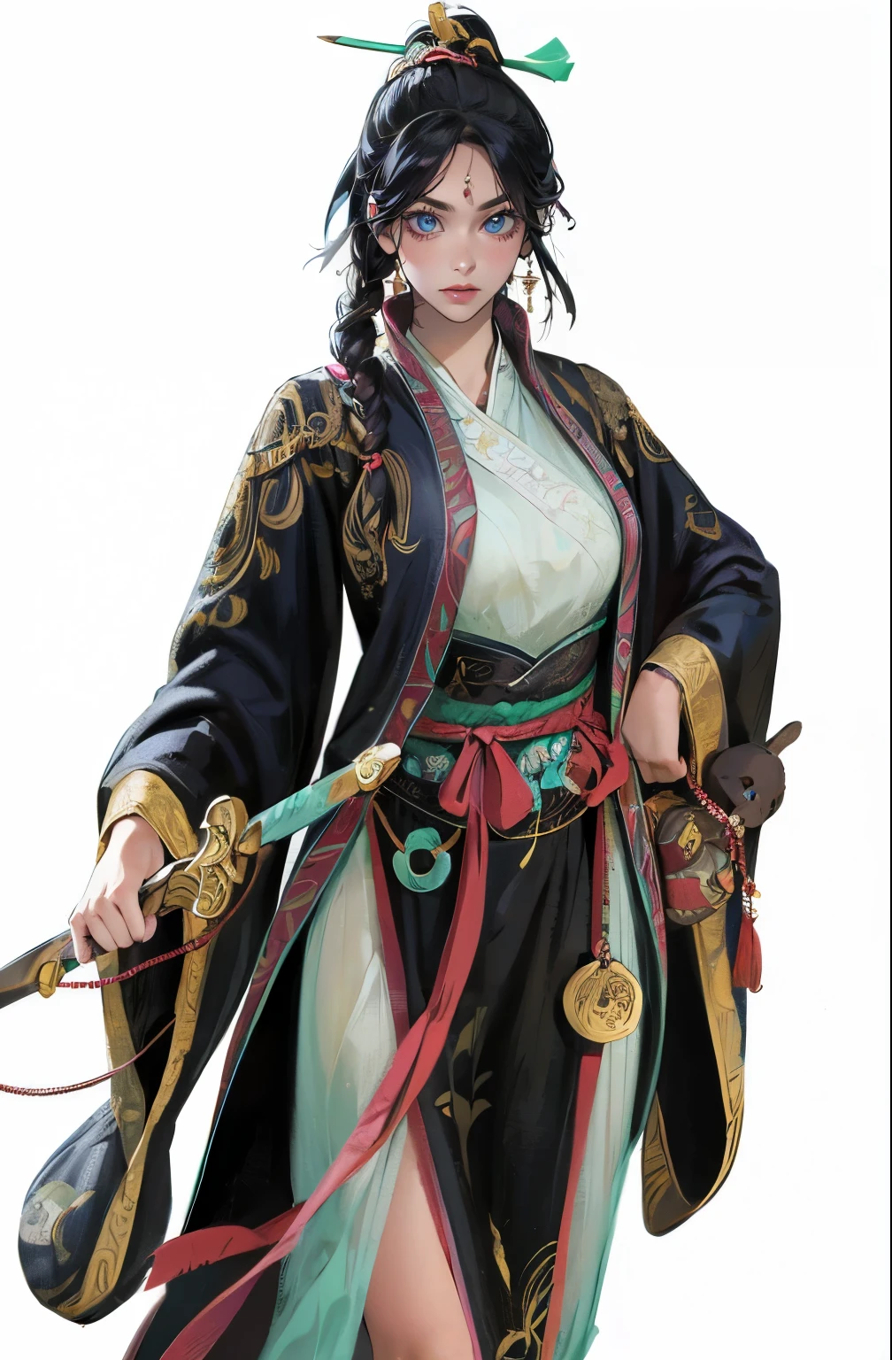 (absurdres, highres, super high resolution), with swords is trending at Art Station and Pixive, (solo), (1girl:1.5), ((white background))), ((( visible chest bone ))), (((Big breasts))), side slit skirt, Chinese Three Kingdoms dress costume, Hair Metal Ornaments, ((mesh)), Samurai girl, lingerie for beautiful women, garter belt, ((knife)), knife을 쥐고 있는, hair girl ,