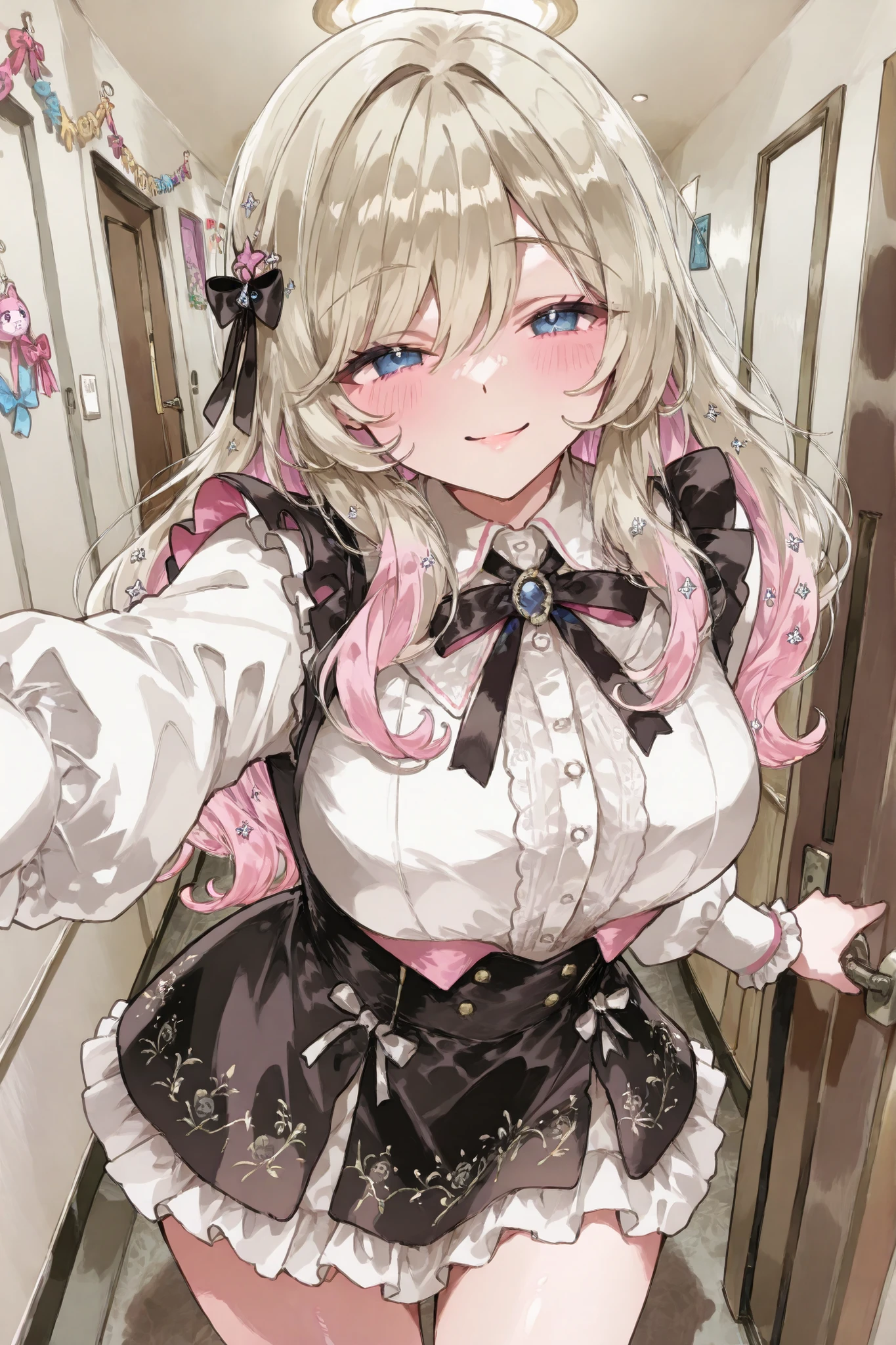 A Beautiful Yokai Girl,Peeking Through the Doorhole,She's a Cute Yo-kai,((She's Aiming at Viewers))),The background is a typical apartment hallway,Her costume is elegant and luxurious,Lots of Embroideries and Decorations,mini dress,An impressive scene with a confident expression unique to yokai,Secretive Smile。