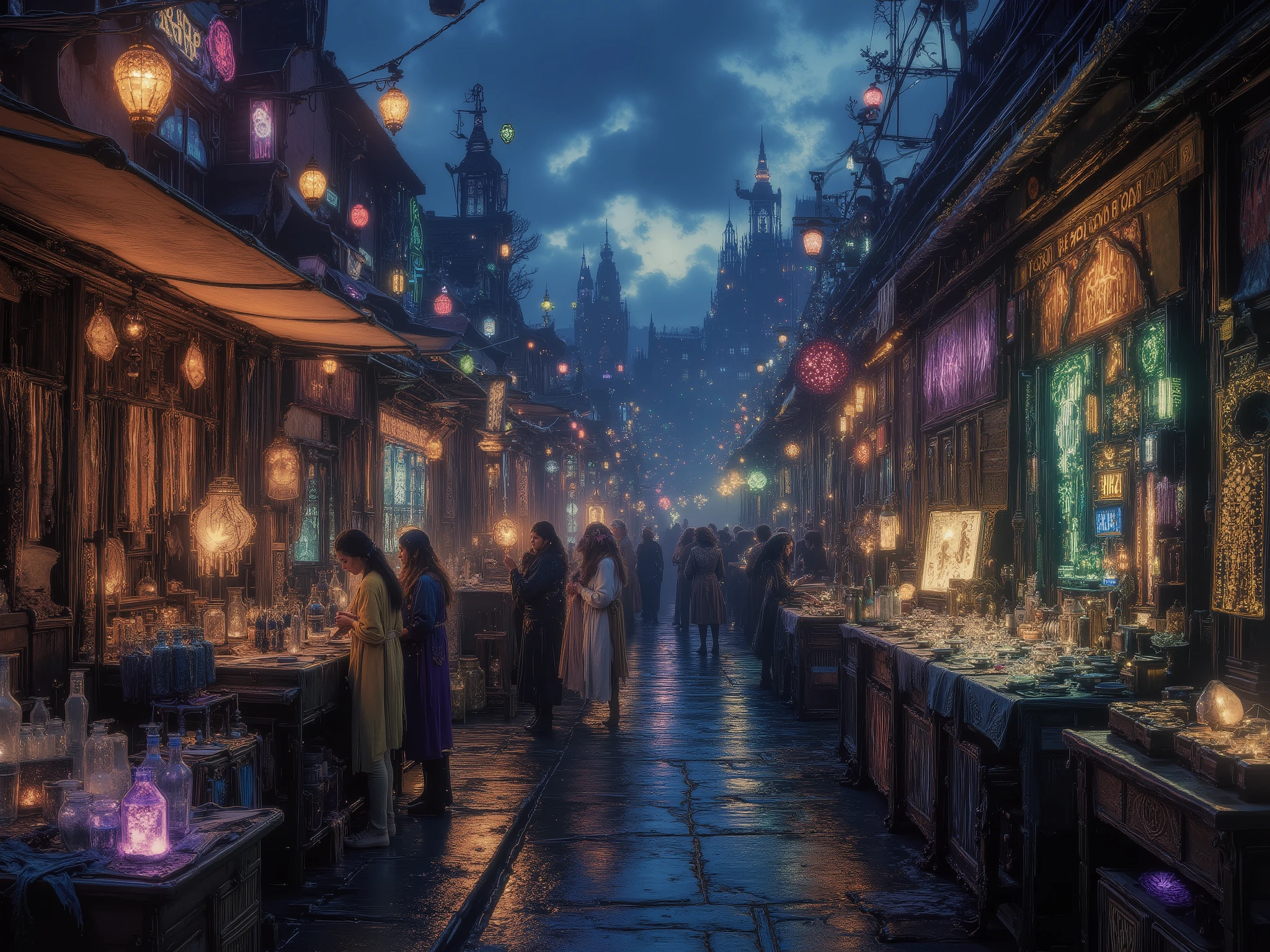 🧚♂️ Fantasy Shopping Market — *3D realistic fantasy style*
A vast magical marketplace under twilight skies, filled with elves, goblins, and strange creatures trading mystical goods. Elegant elves in flowing robes examine glowing crystals, while mischievous goblins haggle over cursed daggers and potion bottles. The air shimmers with floating lanterns and glowing runes, stalls overflow with enchanted fabrics, potions, and relics. Misty atmosphere, rich colors — emerald, gold, violet — detailed textures, fantasy realism, cinematic lighting, enchanted bazaar energy, depth of field, 128K HDR, ultra-detailed, masterpiece.