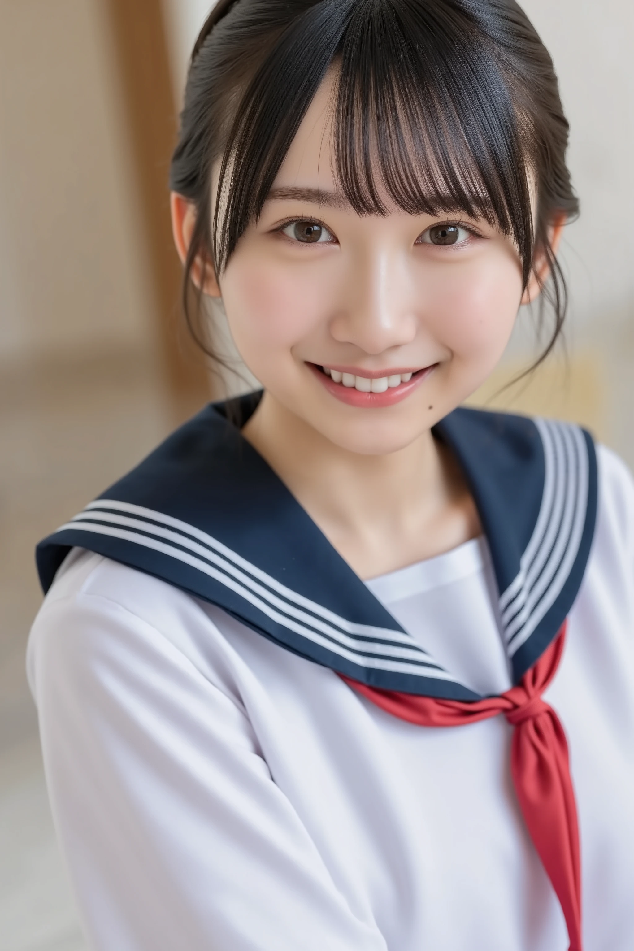 white sailor uniform, This photo captures a beautiful Japanese woman.
The image is very high resolution, with clear skin texture.
The focus is very sharp and focused on her face.
This is an ultra-high resolution image.
She is facing forward. ((close-up face:1.7)),
Natural makeup that looks like no makeup.
She has shiny black hair. smile,
Her skin is beautiful, fair, fine-grained, and even.