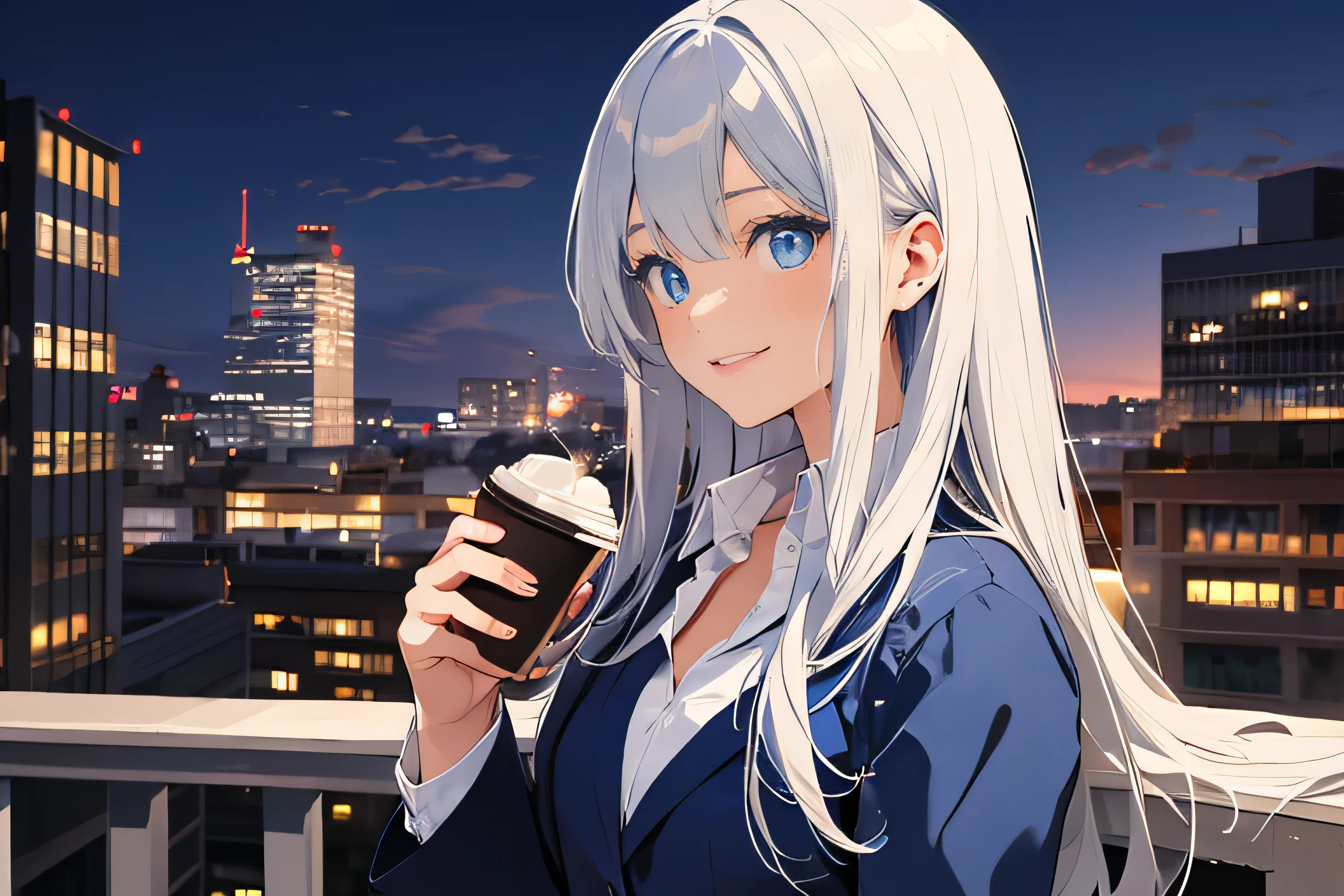 business attire,(masterpiece), (best quality), (ultra high resolution), (ultra detailed), High definition RAW color art, animation,sculpture, Silver Marble Skin, Ultra detailed elegant, finely detailed color, cenematic painting, (Top image quality), (Ultra Detailed), top quality, masterpiece, ((holding coffee)), urban, sunset, twilight, dusk, vesper, rooftop, cityscape, bishoujo, ((one lady)), 20-year-old lady, cute face, (((only 1 girl))), Silver Hair, white hair, absurdly long hair, straight hair, ((deep blue eyes:1.5)),((business suit)), black suit, smiling, slender body, small chest, profile, skyline, ((city background:1.2)