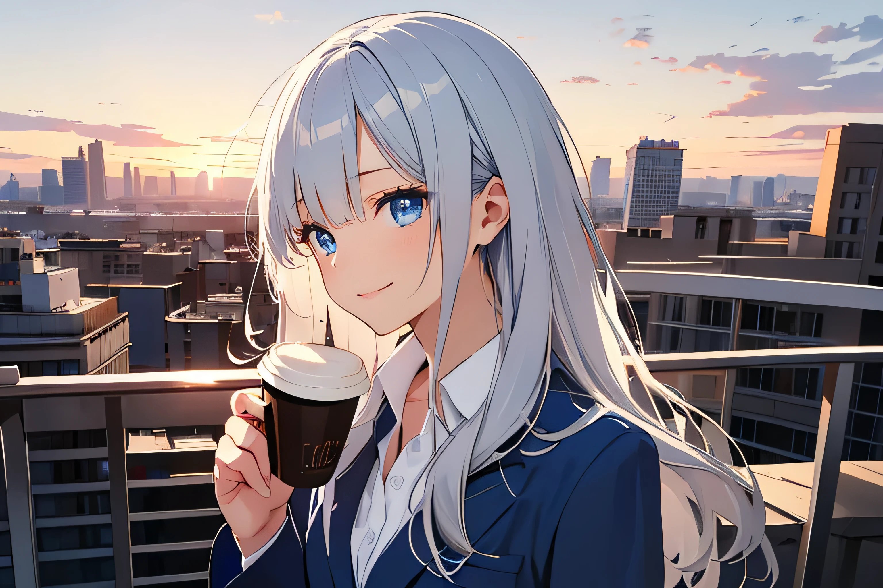 business attire,(masterpiece), (best quality), (ultra high resolution), (ultra detailed), High definition RAW color art, animation,sculpture, Silver Marble Skin, Ultra detailed elegant, finely detailed color, cenematic painting, (Top image quality), (Ultra Detailed), top quality, masterpiece, ((holding coffee)), urban, sunset, twilight, dusk, vesper, rooftop, cityscape, bishoujo, ((one lady)), 20-year-old lady, cute face, (((only 1 girl))), Silver Hair, white hair, absurdly long hair, straight hair, ((deep blue eyes:1.5)),((business suit)), black suit, smiling, slender body, small chest, profile, skyline, ((city background:1.2)