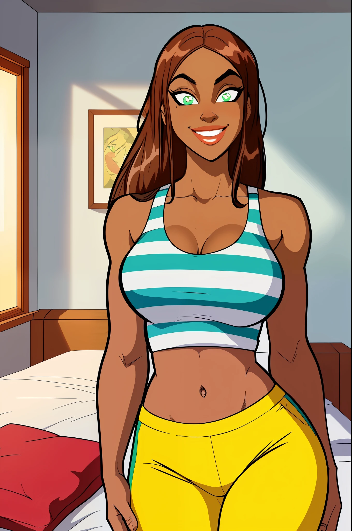 score_9_up, score_8_up, score_7_up, absurdres, masterpiece, HD, highres, Catalina Leone, 1girl, dark skin, detailed eyes, thick lips, green and white stripped top, long hair, short top, navel, athletic body, yellow pants, smiling, large breasts, thick thighs, bedroom, cozy bedroom, vivid colors, beautiful eyes, relaxed, large pupils