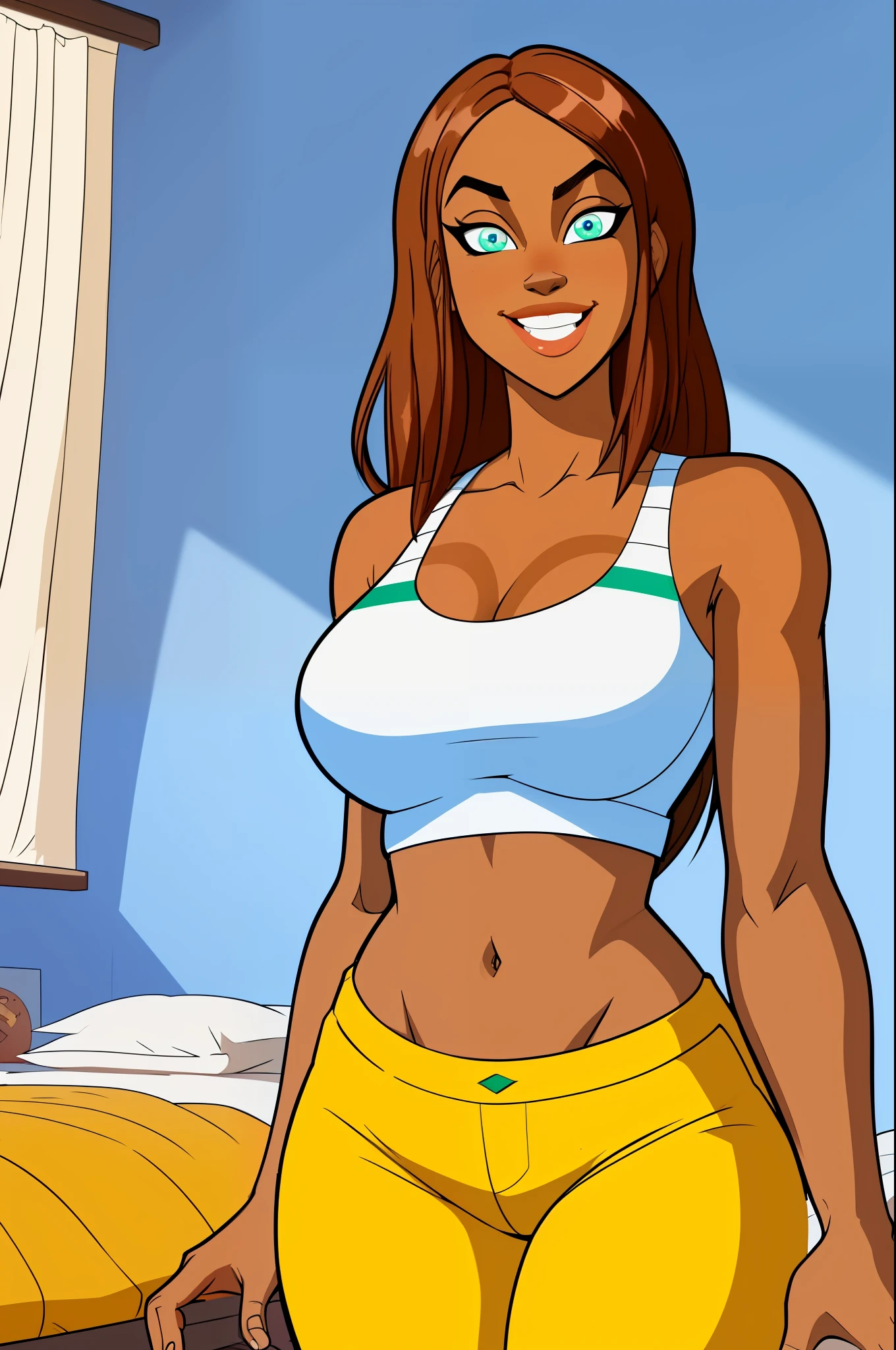 score_9_up, score_8_up, score_7_up, absurdres, masterpiece, HD, highres, Catalina Leone, 1girl, dark skin, detailed eyes, thick lips, green and white stripped top, long hair, short top, navel, athletic body, yellow pants, smiling, large breasts, thick thighs, bedroom, cozy bedroom, vivid colors, beautiful eyes, relaxed, large pupils