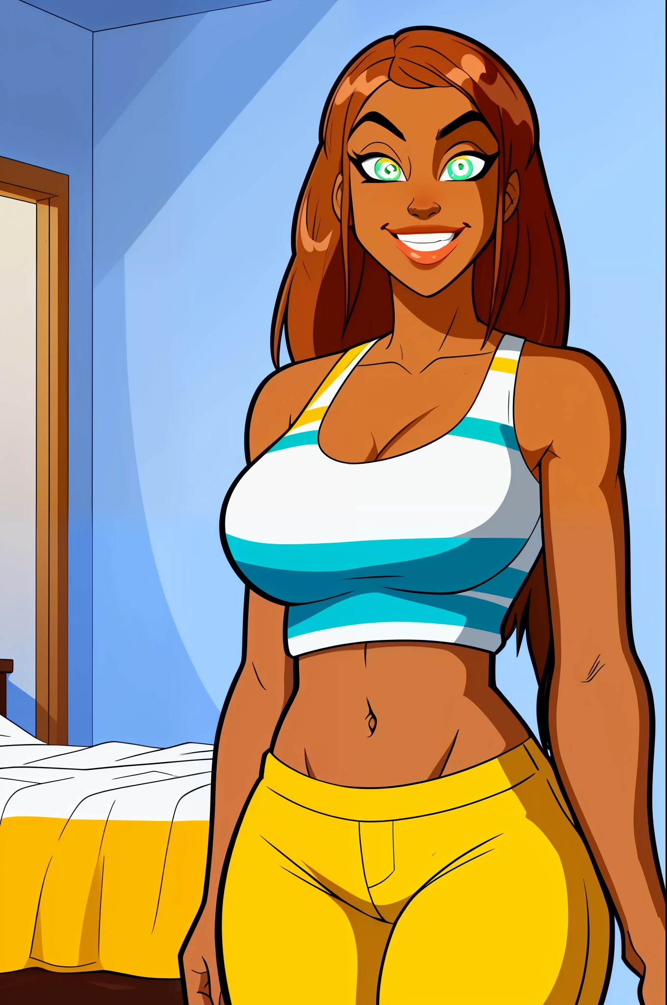 score_9_up, score_8_up, score_7_up, absurdres, masterpiece, HD, highres, Catalina Leone, 1girl, dark skin, detailed eyes, thick lips, green and white stripped top, long hair, short top, navel, athletic body, yellow pants, smiling, large breasts, thick thighs, bedroom, cozy bedroom, vivid colors, beautiful eyes, relaxed, large pupils