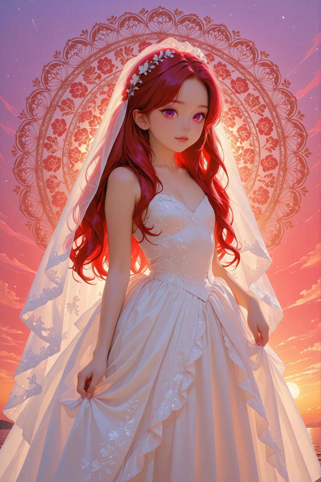 toddler princess, small breast, baby-like face, infant body shape, white shining skin, short limbs, (((long reddish-purple red crimson long hair))) (((ツインテールヘアー))) (((glowing sky-blue big eyes))), gold, silver and floral hair ornament, illuminated body, dewy skin, dynamic pose, medium shot,
BREAK,
(((wearing wedding dress))) ((wearing a transparent cape)), (((medium shot)))
BREAK,
(zentangle, mandala, tangle, entangle), (ecstasy of flower:1.2), the most beautiful form of chaos, elegant, golden background, a brutalist designed, flower art, zentangle, mandala, tangle, entangle, vivid colours, romanticism, atmospheric,
BREAK,
official art, unity 8k wallpaper, ultra detailed, beautiful and aesthetic, beautiful, masterpiece, best quality ((by Mucha)) ((art deco)) ((botanical art)) ((flower art)) ((floral)) ((colorful)) ((warm lights)) masterpiece, high resolution, high definition, highest quality, digital painting, 4k, HDR, delicate texture, enchanting atmosphere,
BREAK,
(最高品質, 8k,32K,傑作, 超高解像度:1.2),非常に詳細なCGユニティ8K壁紙,複雑な詳細,生写真,(写実的:1.4),雰囲気,超高解像度,現実istic,現実,巨大な_ファイルサイズ,非常に高解像度,(中央揃え:1.3),超イラスト,(超詳細な),シネマティックライティング,様々な色,被写界深度,アート:クレンツ・クシャールト,ゴールデンアワーライティング, を正確に描いた ,シグマアートレンズ 35mm F1.4,ISO 200 シャッタースピード 2000