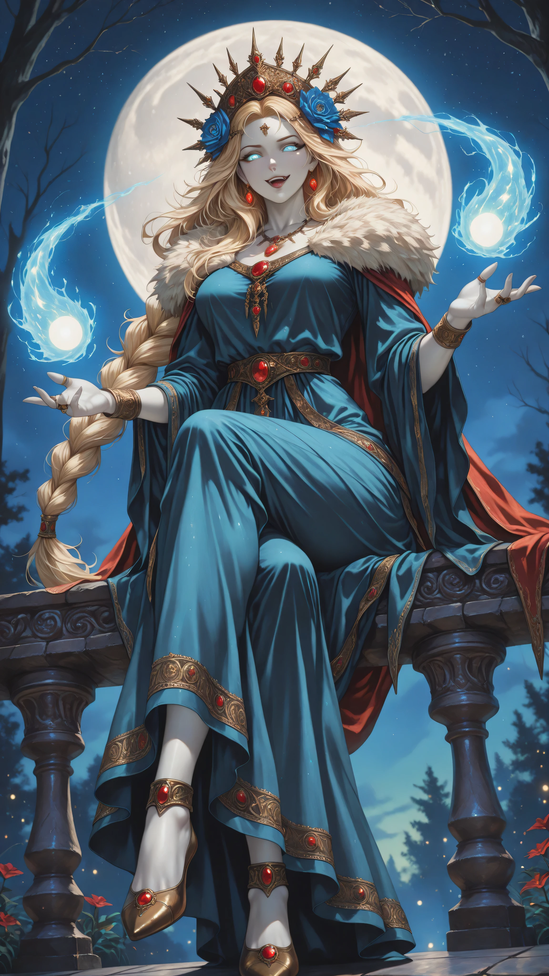 FantasySlavicMS, 1girl, solo, curvy body, pale skin, very long hair, blonde hair, hair ornament, hair flower, headdress, single braid, messy hair, earrings, blue eyes, full lips, makeup, large breast, necklace, long dress, wide sleeves, dress ornament, bracelet, thick thighs, jewelry, rings, armor, beads, fur trim, gem, cape, magic,
masterpiece, best quality, fine details, intricate details, depth of field, subsurface scattering, bokeh, ultra-detailed, very aesthetic, detailed background, newest, scenery, highres, absurdres, colorful, vibrant, glowing, perfect face, 2d, perfect eyes,  vibrant saturated colors, volumetric lighting, sharp, detailed eyes, perfect anatomy,  perfect face, perfect eyes, mature body, clear eyes, beautiful eyes, athletic, curvy body, athletic girl, perky tits, perfect tits, round breasts, pinup pose, teasing, lustful expression, perfect hands, 
muscular female, dutch angle,  dynamic pose,
nature, flowers, trees,  
night, night sky, night time, starry sky, sitting on railing, moon, looking at viewer, arm rest, smirk, crossed legs, open mouth, full body, foreshortening,
,Smooth Negative, Smooth_Quality,
dark_fantasy_style, dark fantasy, retro,
