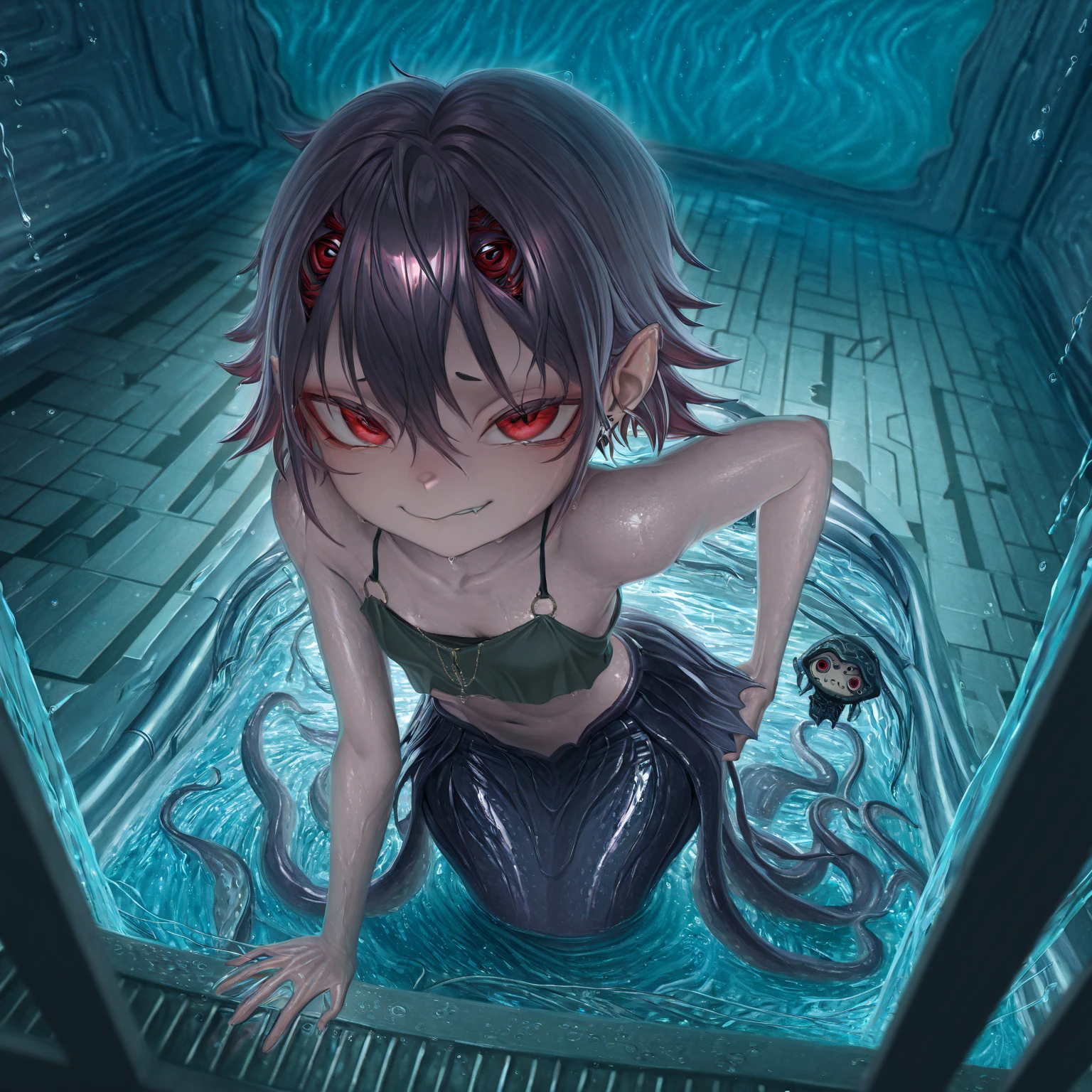 The little devil girl who was fighting was captured by the tentacles of a machine and seemed to have been defeated..。Sticking out one's tongue lazily、highest quality、、belly button、facing forward、stomach line、good style、、short hair、flat chest、joy、joy、Completely 、saliva、lots of sweat、cheeks turn red、slender body、The moment he faints after being dealt the final blow、Her legs are spread and bound by tentacles