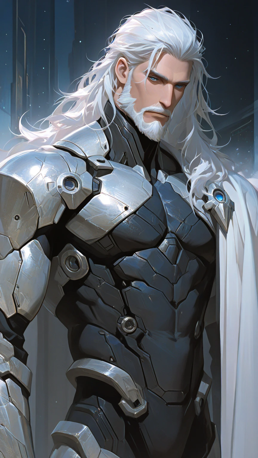 An award-winning original photo, A wild muscular man, (30 years old man:1.3), 1boy, Solo, (wearing a (silver lantern) metal suit), (glowing silver ring on a finger), spikes, neon stripes, white hair, (big shoulder), muscular, hunk, stubbles, Short beard, (Detailed face:1.3), (beautiful eyes:1.2), Dynamic Angle, volumetric lighting, (Best quality, A high resolution, Photorealistic), Cinematic lighting, Masterpiece, RAW photo, Intricate details, hdr, depth of field, knee-up shot, in space background, beautiful cosmos, energy strands around body, big bulge