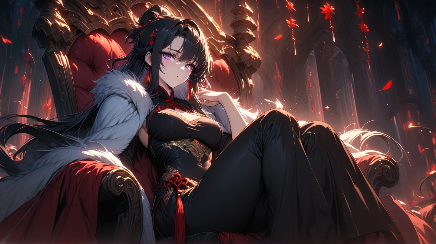 masterpiece, best, 1lady, beautiful, black hair, {red eyes}, black dragon scales, black dragon tail, black forest, firelight, ackenberg diamonds, contempt, palatial clothes, highlights your hair, gold fussy decoration, chain