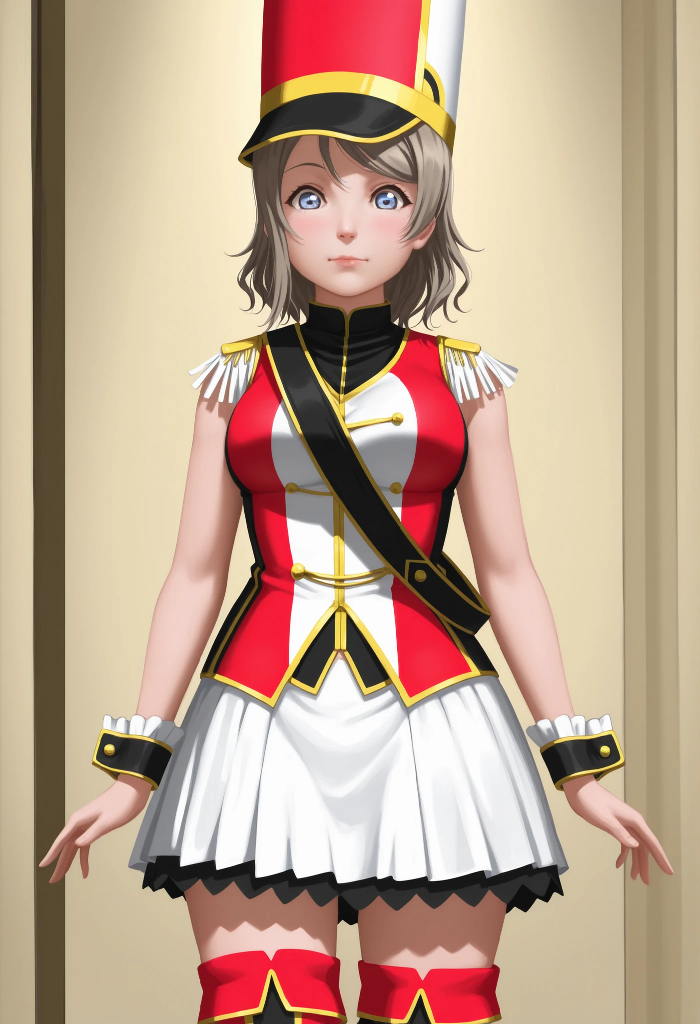 kokorohhw, hhw skirt, hhw shako cap, hhw band uniform, hhw wrist cuffs, hhw thigh boots, BREAK, {{{masterpiece}}}, {{{best quality}}}, {{ultra-detailed}}, {illustration}, {{an extremely delicate and beautiful}}, (beautiful detailed eyes:1.6), extremely detailed face, 16k, visual CG anime ,realistic anime face, {{Watanabe you}}, love live! school idol project, {{love live! sunshine!!}}, cute face, light brown hair, medium hair, wavy hair, blue eyes, slender, medium breasts, curvaceous, rouge lips , BREAK,1girl, solo, closed mouth, normal standing ,dressing room 