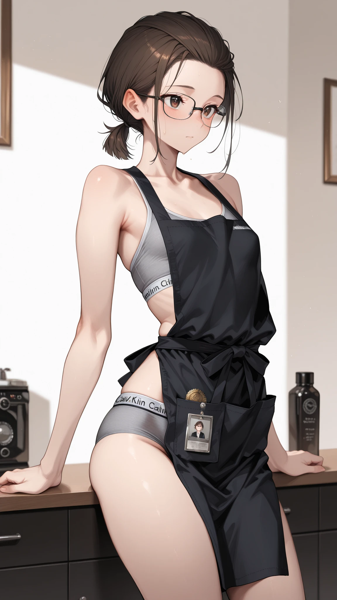 Sagawa style ,aoisai123,detailed facial expressions, fine eyes, cute eyes,sexy pose、

1 woman,Beautiful Women, detailed face, fine eyes, cute eyes, 

Slim, Tiny Chest, Glasses, black apron, Grey underwear, Calvin Klein,





tied up hair, Low Ponytail, hair pullback, short hair,



 超high definition, MESH FILM, correct, masterpiece, Anatomically Correct, textured skin, Super Detailed, high detail, High Quality, award, 最High Quality, high definition, 8k, 16k


NSFW,