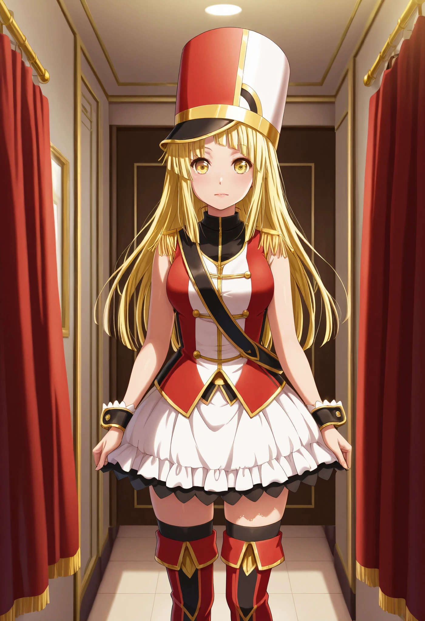 visual CG anime ,realistic anime face, kokorohhw, hhw skirt, hhw shako cap, hhw band uniform, hhw wrist cuffs, hhw thigh boots , Tsurumaki Kokoro, long hair, blonde hair, yellow eyes ,rouge lips, looking at viewer, closed mouth, normal standing ,dressing room