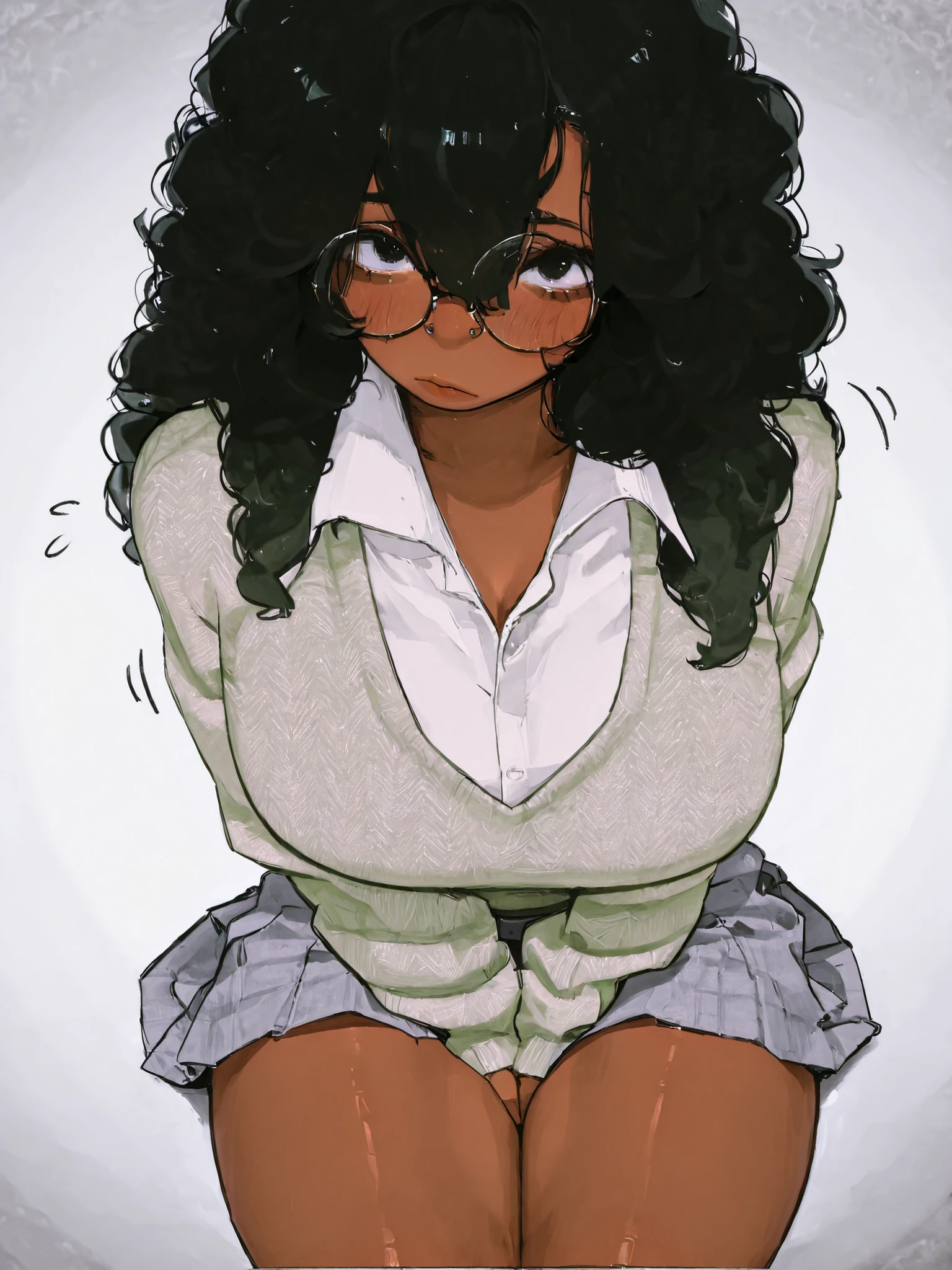 score_9, score_8_up, score_7_up, score_6_up, score_5_up, score_4_up,
BREAK
(masterpiece: 1.0), best quality, perfect anatomy, perfect composition, perfection,
BREAK
cinematic lighting, stopu42
BREAK
1girl, round glasses, curly hair, black eyes, nose piercing, hair between eyes, curly hair, long hair, brown skin, lighter lip color, from above, school outfit, white shirt, pale green sweater, grey green skirt, thick thighs, hands on lap, looking up at viewer, blush, nose piercing,
