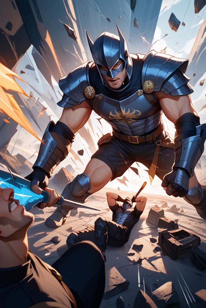 best quality, masterpiece, bodybuilder man, (short blond hair), wearing peasant farmer clothes, no bottoms,  with a man wearing armor, , grab ass, grab hair, , projectile , crying out loud, blushing, sexy, gay, homoerotic, extremely dramatic shadows, front view, perfection, no watermark, no logo, no signature