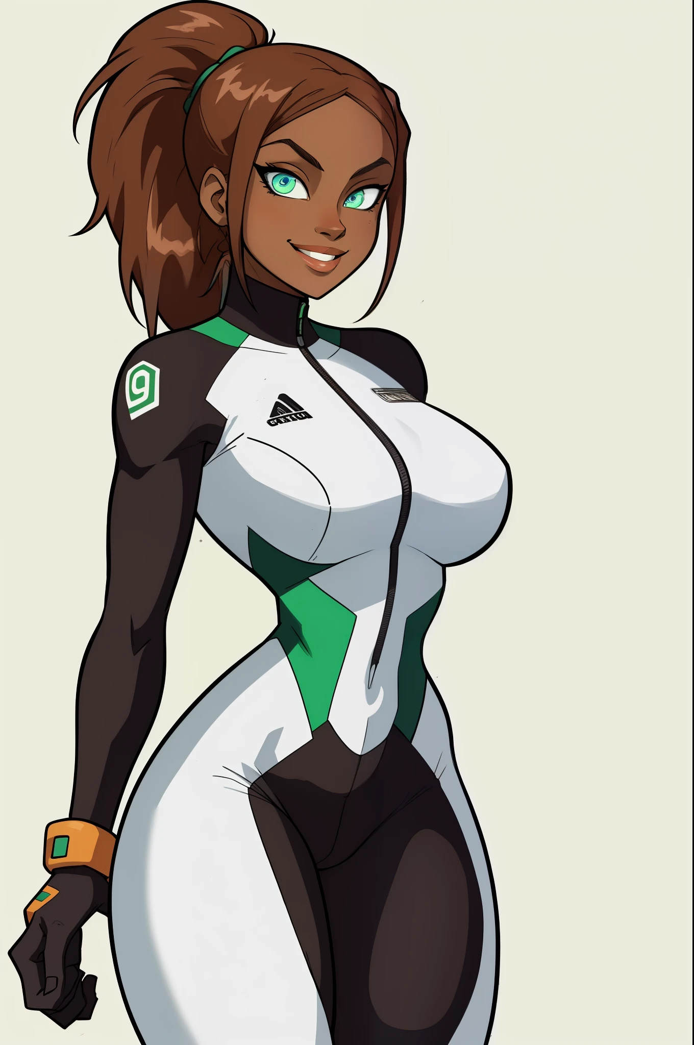 score_9_up, score_8_up, score_7_up, absurdres, masterpiece, HD, highres, Catalina Leone, 1girl, dark skin, detailed eyes, thick lips, green bodysuit, ponytail, brown hair, athletic body,gloves, smiling, large breasts, thick thighs, simple background, vivid colors, beautiful eyes, relaxed