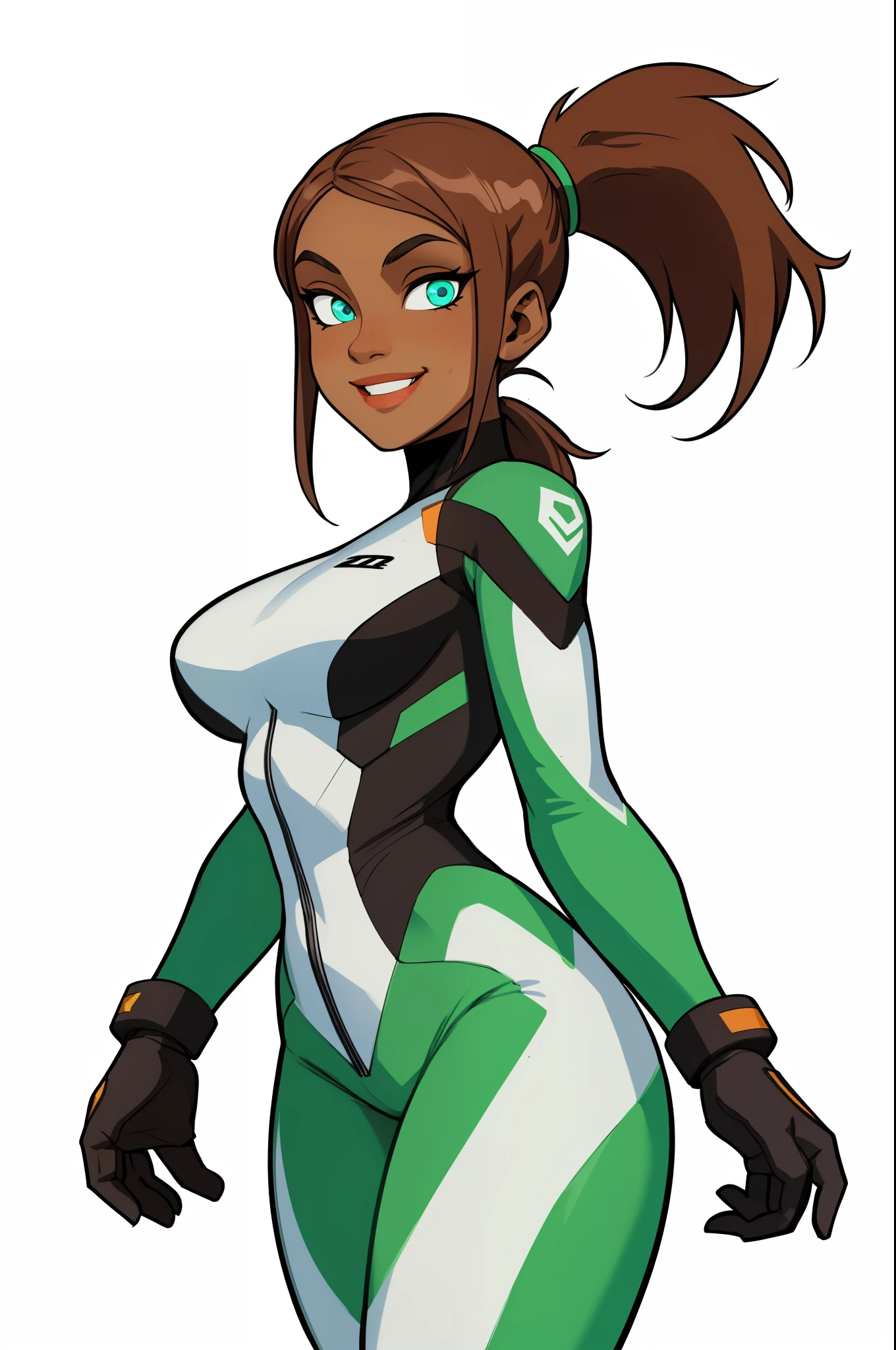 score_9_up, score_8_up, score_7_up, absurdres, masterpiece, HD, highres, Catalina Leone, 1girl, dark skin, detailed eyes, thick lips, green bodysuit, ponytail, brown hair, athletic body,gloves, smiling, large breasts, thick thighs, simple background, vivid colors, beautiful eyes, relaxed, solo girl