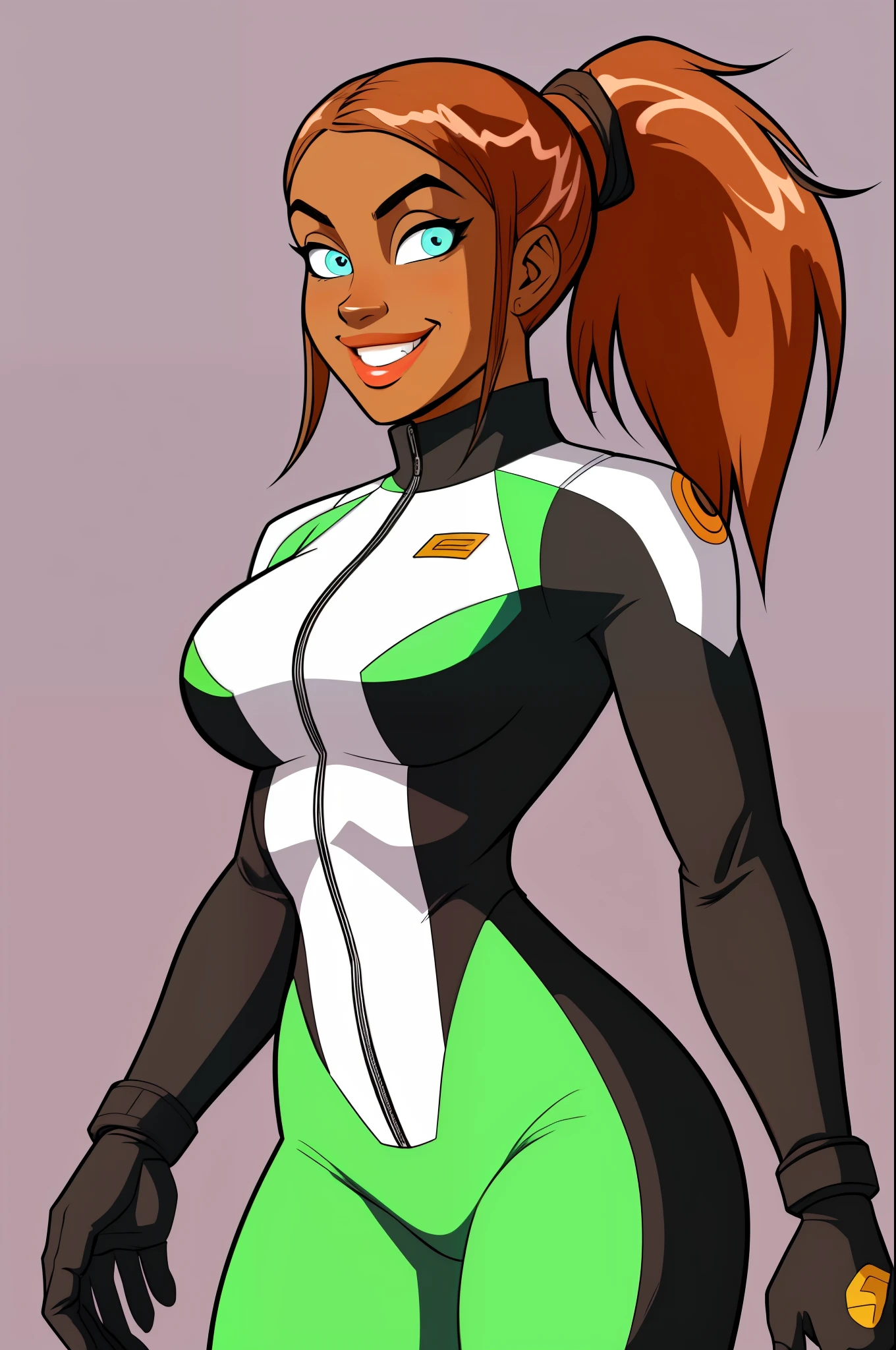 score_9_up, score_8_up, score_7_up, absurdres, masterpiece, HD, highres, Catalina Leone, 1girl, dark skin, detailed eyes, thick lips, green bodysuit, ponytail, brown hair, athletic body,gloves, smiling, large breasts, thick thighs, simple background, vivid colors, beautiful eyes, relaxed, solo girl