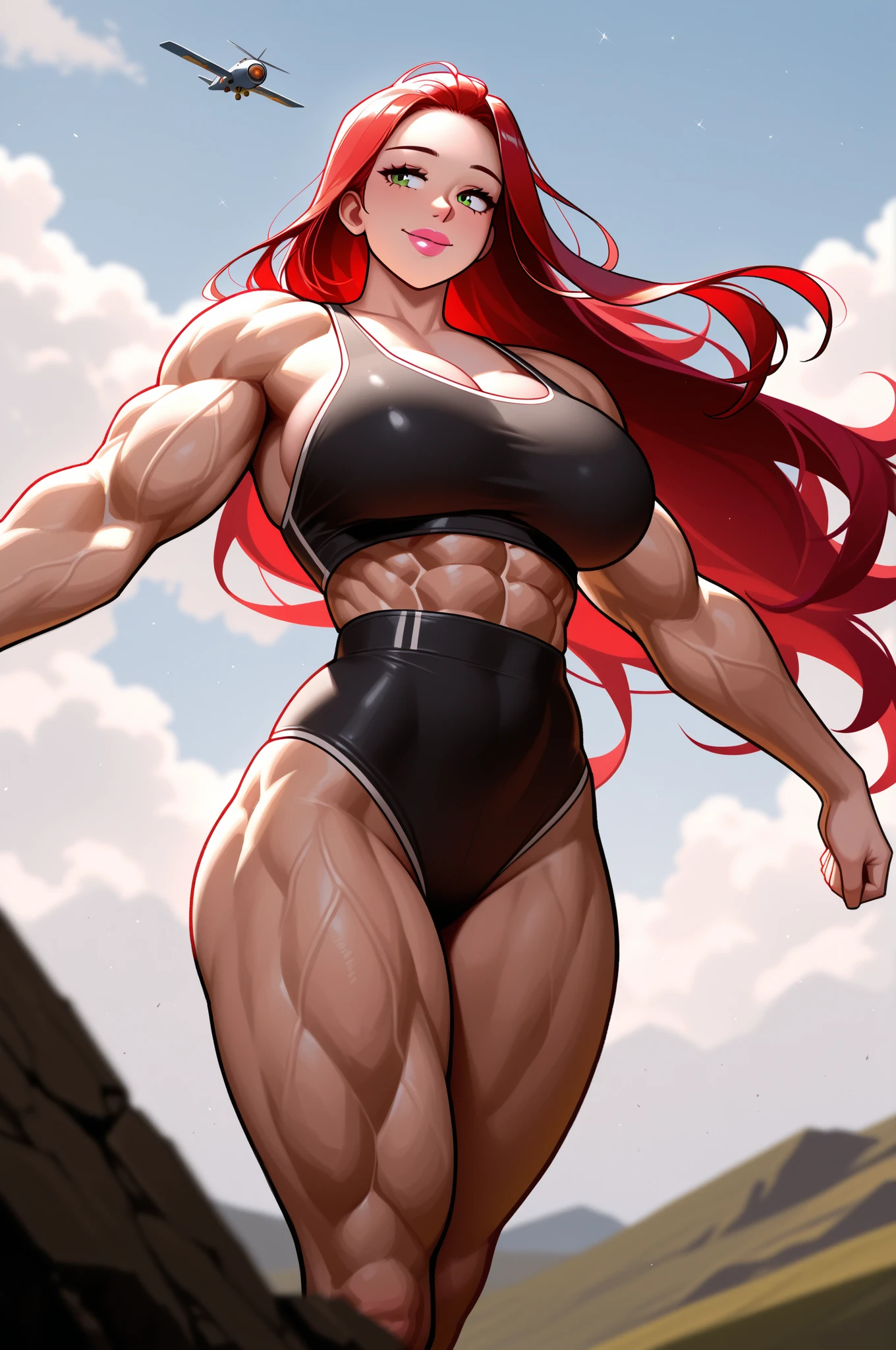 ((((1girl)))), ((SOLO)), ((ALONE)), (((muscular woman))), beanie, black top, black leggings, red hair, (()), (((accurate ))), ((wide )), ((())), ((long legs)), (((Massive-Female-Bodybuilder))), ((((Muscular Legs)))), (((((Huge Muscles)))))