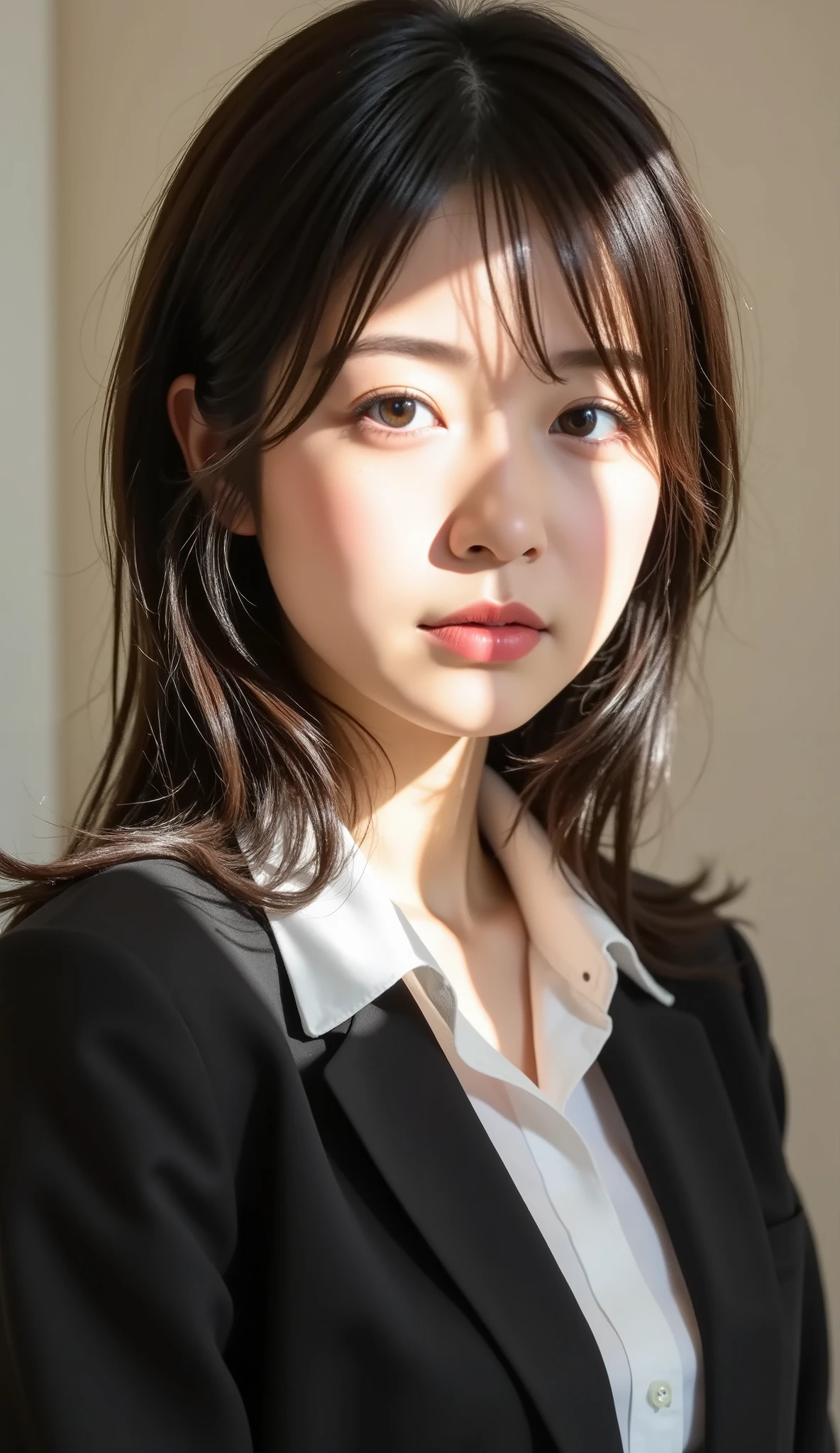 photorealistic, Light on Face, side of the sky, Black loop ribbon, white dress shirt, black blazer, Wavy blazer, long hair, brown eyes, black hair, Beautiful Japanese Woman, laughing with mouth closed, woman in uniform, staring at the viewer, Perfect Anatomy:1.21, Tiny Head:1.21, short head:1.65, portrait of a Japanese woman:1.21, formal high school uniform, long bangs :1.2, anxious face, Japanese woman without makeup :1.21, brown and clear irises:1.331, ring eye , clear eyes:1.331, manicured eyebrows:1.37, detailed face, fine skins, Natural light at dusk :1.37, face is partially obscured, High Contrast Lighting, cinematic photo, depth of field, Silky Screen, inside a room with outside light, shiny skin, light shines like a movie,