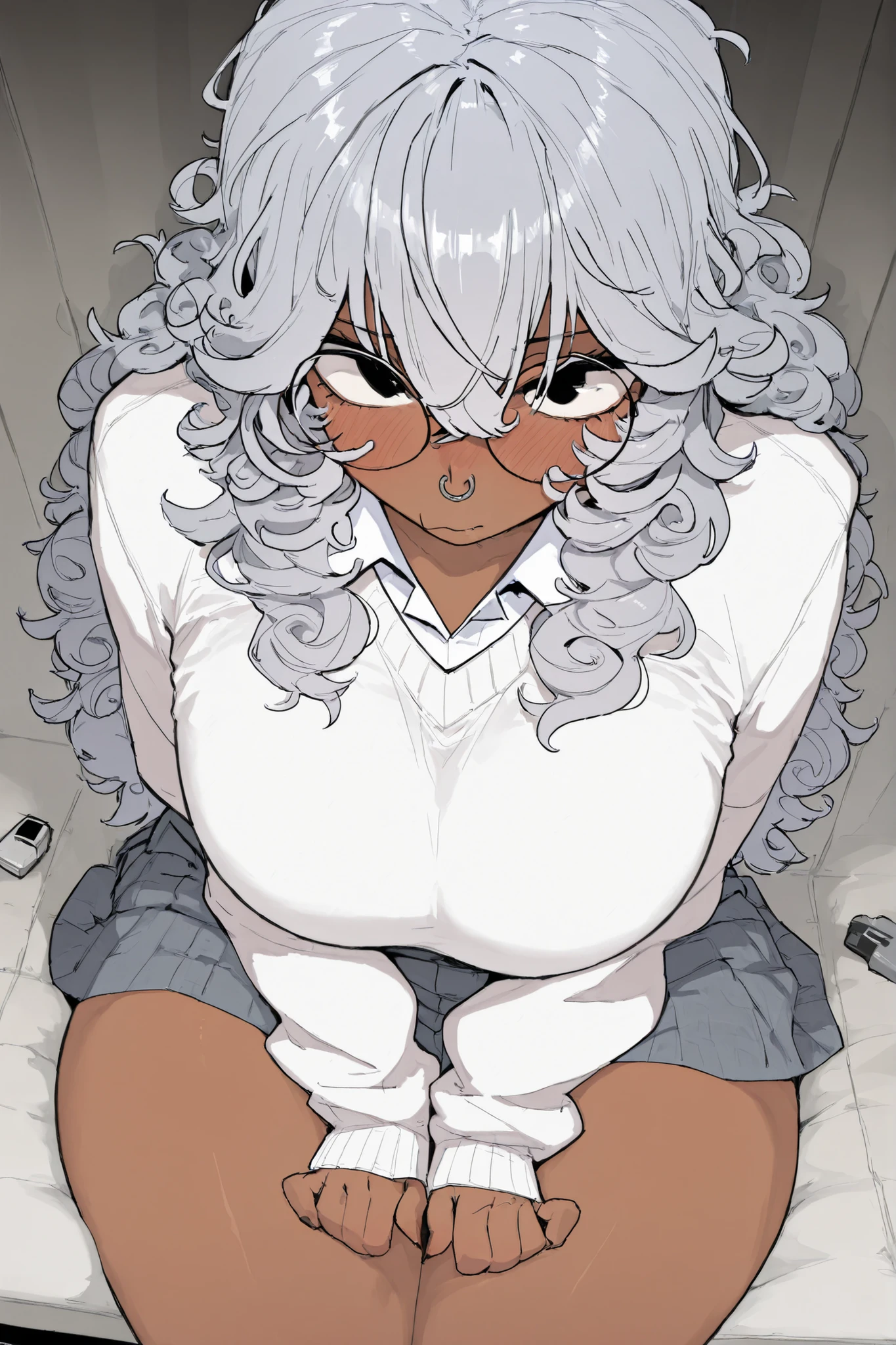 score_9, score_8_up, score_7_up, score_6_up, score_5_up, score_4_up,
BREAK
(masterpiece: 1.0), best quality, perfect , perfect composition, perfection,
BREAK
cinematic lighting, stopu42
BREAK
1girl, round glasses, curly hair, black eyes, nose piercing, hair between eyes, curly hair, long hair, brown skin, lighter lip color, from above, school outfit, white shirt, sweater, grey blue skirt, thick thighs, hands on lap, looking up at viewer, blush, nose piercing,