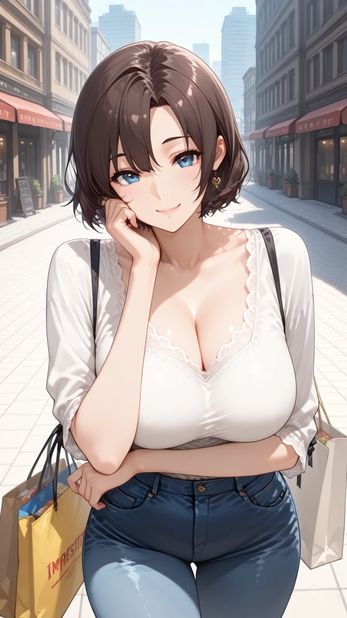 masterpiece,Highest Quality,amazing quality,right-side,Wide Shot, girls, brown hair,blue eyes, I applied it to my wavy hair,  expressi top less ,hair between eyebrows, shopping bag, walk, City, jeans,white lace trim shirt, mature woman, smile, solo, place your hand on your cheek, tilt your neck, for viewers,  headrest
