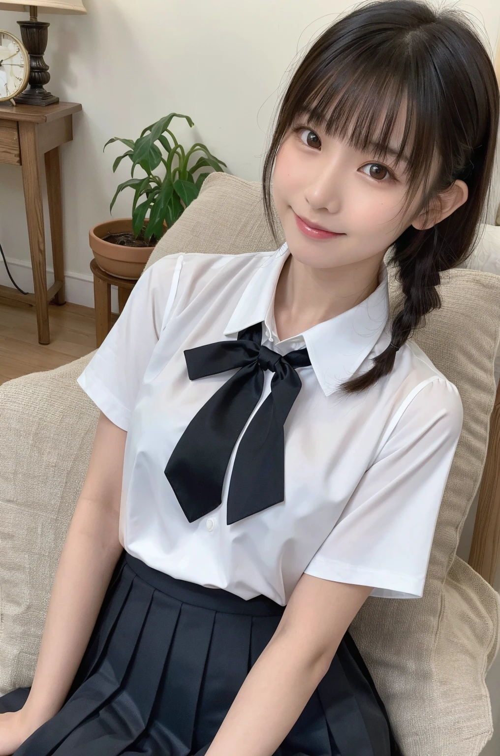 masterpiece, best quality, illustration, Super detailed, fine details, High resolution, 8K,wall paper, perfect dynamic composition,(Details High quality, realistic depiction of eyes:1.3), (collared shirt:1.1), pleated skirt, knee high socks, plump breast, saggy breasts、expresses the roundness and softness of your chest, Don't expose it, short bob hair, black hair color, Big Natural Color Lip, (perfect body shape), crying a little、20 year old girl、cute type、beautiful legs, hotel room, Gravure Idol,  large hip, getting pounded , 