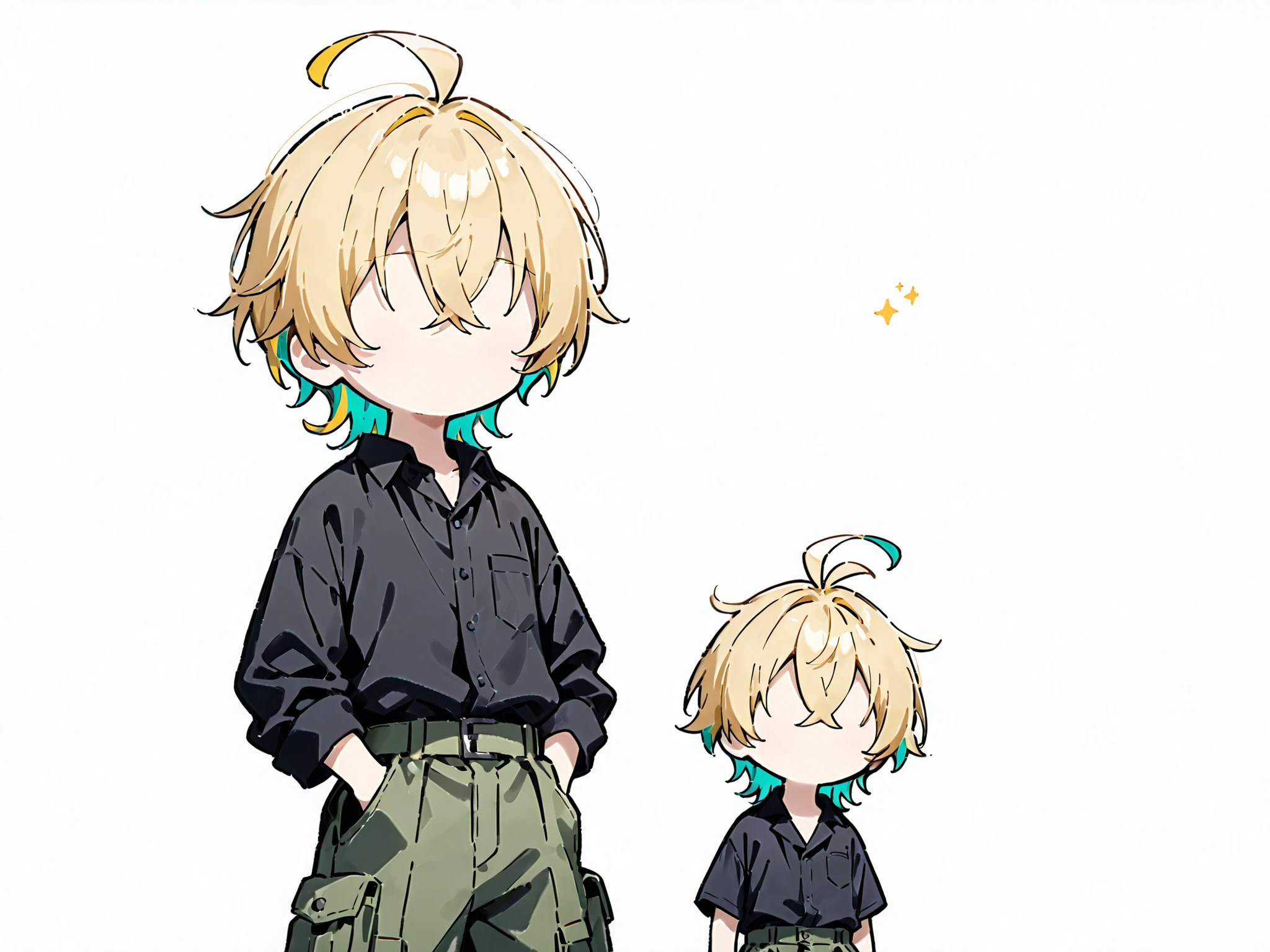 ((solo)), ((one boy)), short hair, blonde hair, green inner hair, black shirt, collard shirt, ahoge, ((hairs between eyes, crossed bangs:1.3)), white background, cargo pants, ((no face))