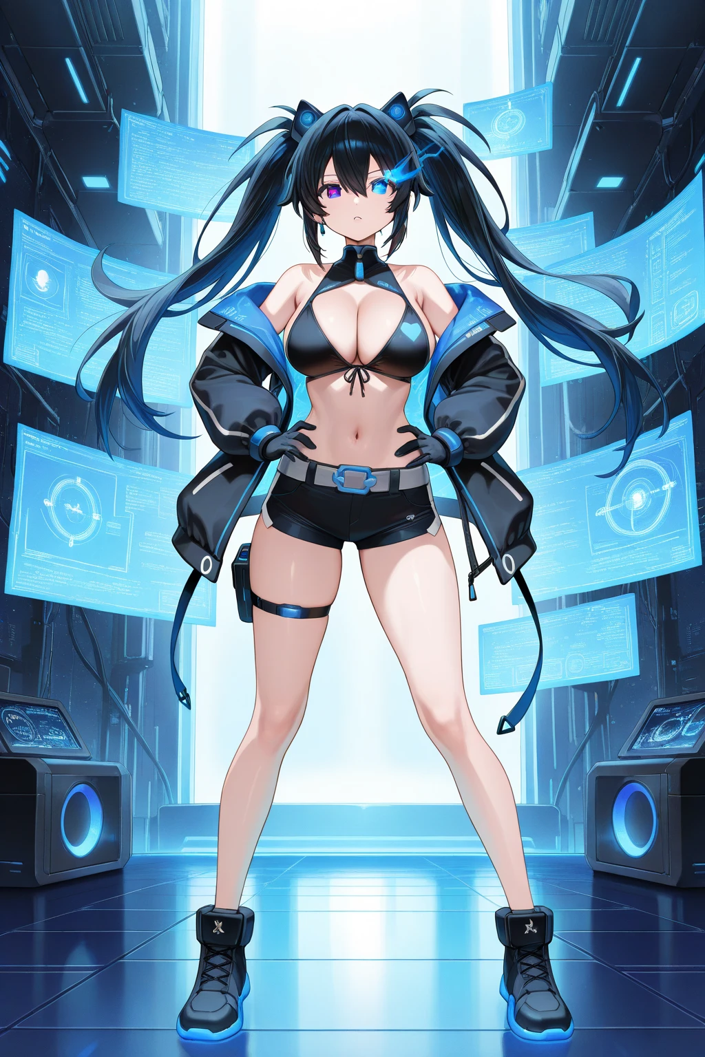 absurdist、ultra hyper-detailed、巨作、最好质量、break、Official art、（Beautifully Aesthetic：１.２）、（watercolor drawings：Curly）。巨作、最好质量、HDR、realisitic、Color Aberration、 break、flan, 1girl in, break、独奏, Ahoge、break、Ahoge Wag、black-haired、Braids、tits、expressive hair、verd s eyes、Hair Between Eyes、a smile、low twintails、  shoulder、black gloves、cleavage of the 、鎖骨、Removed sleeves、耳环、Hats、jewlery、see through sleeves、Strapless coat、thigh strap、thights、 细致背景, inside a space ship, cockpit, action, break、Looking Back, break、MKSTS style, Holographic interface, a hologram,Long hair。length hair。stick your  out、break、th all of fours、