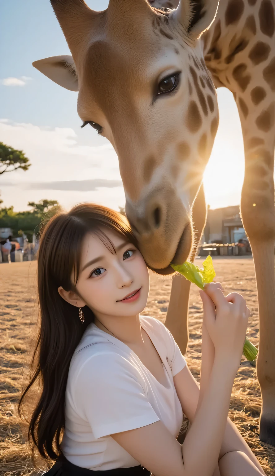 Hyper-realistic cinematic portrait: a young beautiful Japanese female zookeeper kneels beside a towering giraffe at golden hour in an open savannah-style enclosure. She offers a long green lettuce stalk; the giraffe bends its long neck down, its soft muzzle almost touching her smiling face. Camera: 50mm, shallow depth of field (f/1.8), warm golden rim light on her hair, soft backlight on the giraffe's mane, visible skin texture and fabric detail, natural freckles, low-angle slightly tilted to emphasize giraffe height while keeping her face centered and fully visible. Emotion: tender, joyful, intimate. Environment: straw, acacia silhouette in background, late-afternoon sky with warm clouds. Include subtle lens flare, cinematic film grain, ultra-detailed photorealism.
