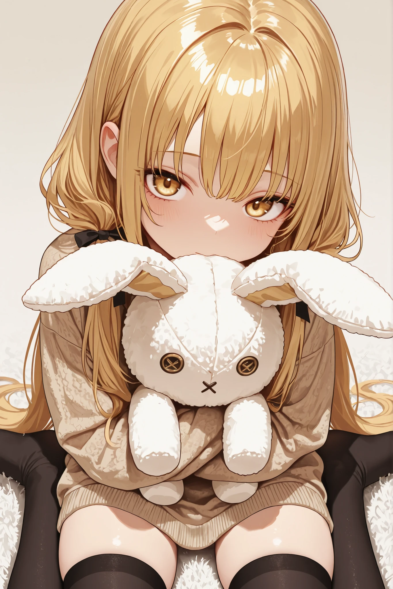 Cute,(masterpiece, detailed:1.2),black knee-high socks, Golden eyes and golden hair, modest , wariza, long hair styled in two low pigtails loosely tied and draped forward over her shoulders, soft and fluffy texture, Hugging a stuffed rabbit