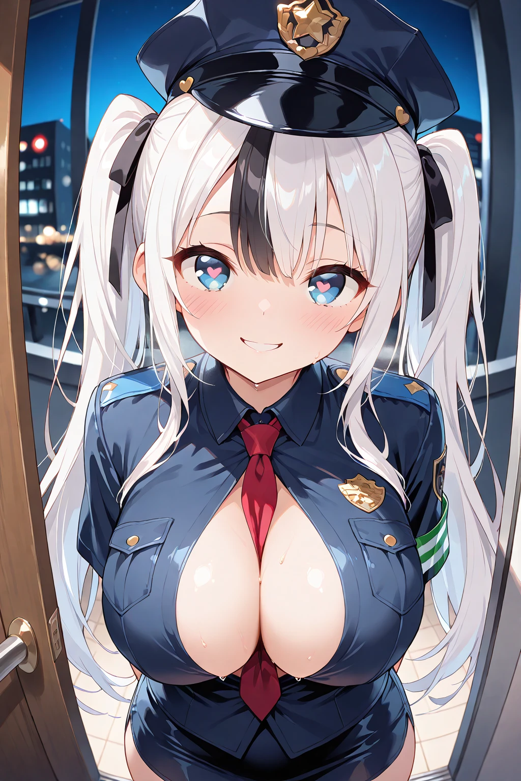 Anime illustration、highest quality、A policewoman  with a man in an alley of a futuristic city、Squat、Riot police、smile、Perfect balance、Oversized bust、Fatty legs、Erect nipples、Exposing、Clear eyes、Cowboy Shot、Sweaty