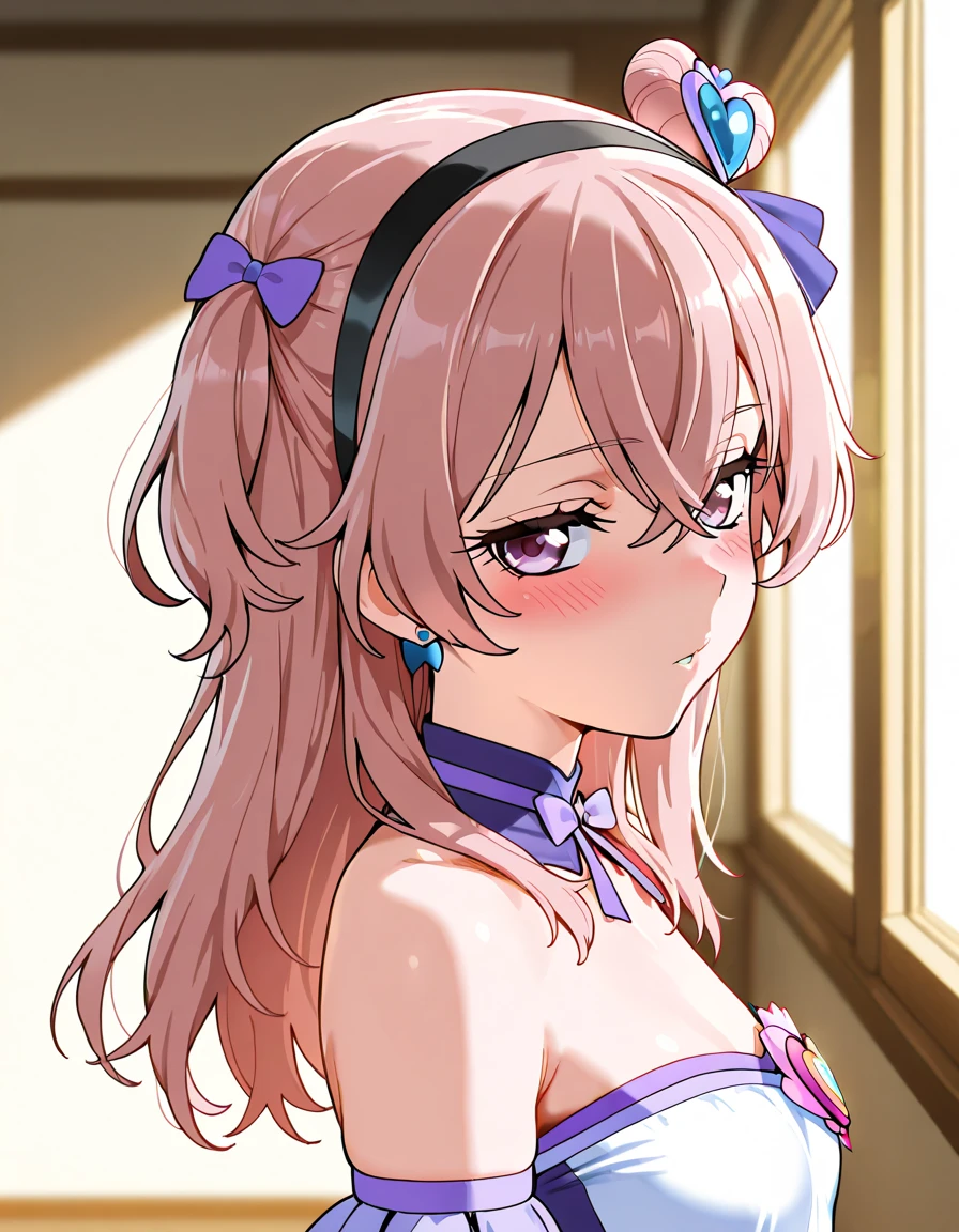 (((masterpiece)))(((Highest quality)))(((8K)))(((4K)))One Little Girl、10 years old、(Straight Hair)、Straight Ponytail、voluminous ponytail(Pink Hair)(((Pink high ponytail)))、Ribbon on head、Crossed bangs、Light purple eyes、(((Squint your eyes)))、((Smile with your mouth closed))、(((Cute Mini Dresses)))、Small breasts, 、turn around、From the waist up、Anime Style