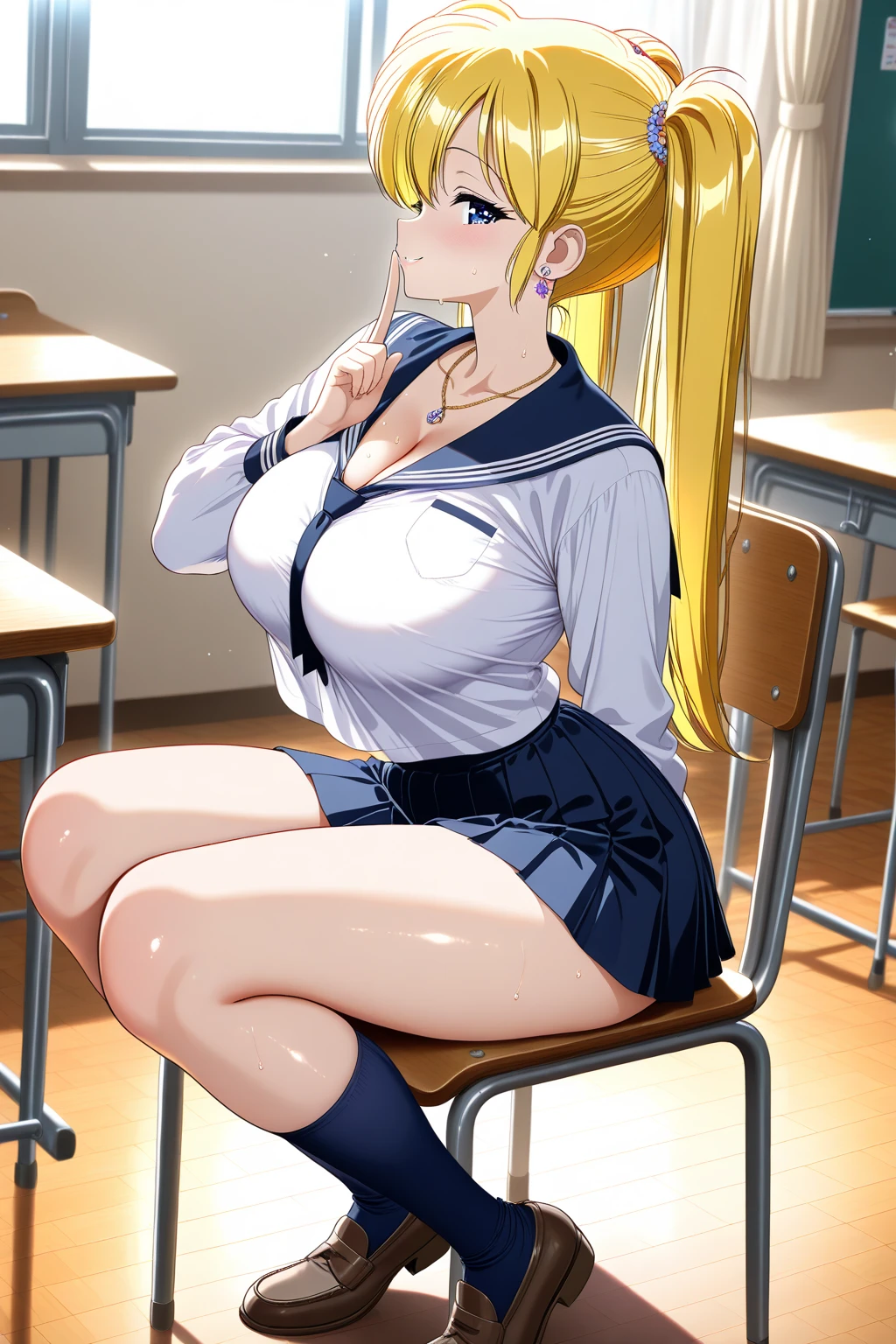 (masterpiece, Best Quality, High resolution:1.5, anime colours, megami magazine:1.2, anime poster style, anime keyvisual, sharp, 8k, photorealistic), (, from front), (beautiful eyes:1.5, beautiful face), Alice Zuberg, 1girl, solo, blush, (white headband), (blond Long Hair, hair braid), blush, (hanging largest breasts:1.5, , ), (back, :1.5, standing, from side), (, upper body, looking to the side, hands on table), (Perfect detailed , beautiful detailed hair, perfect detailed body:1.2, shiny skin), (thick outline, Beautiful outlines, black outlines), 