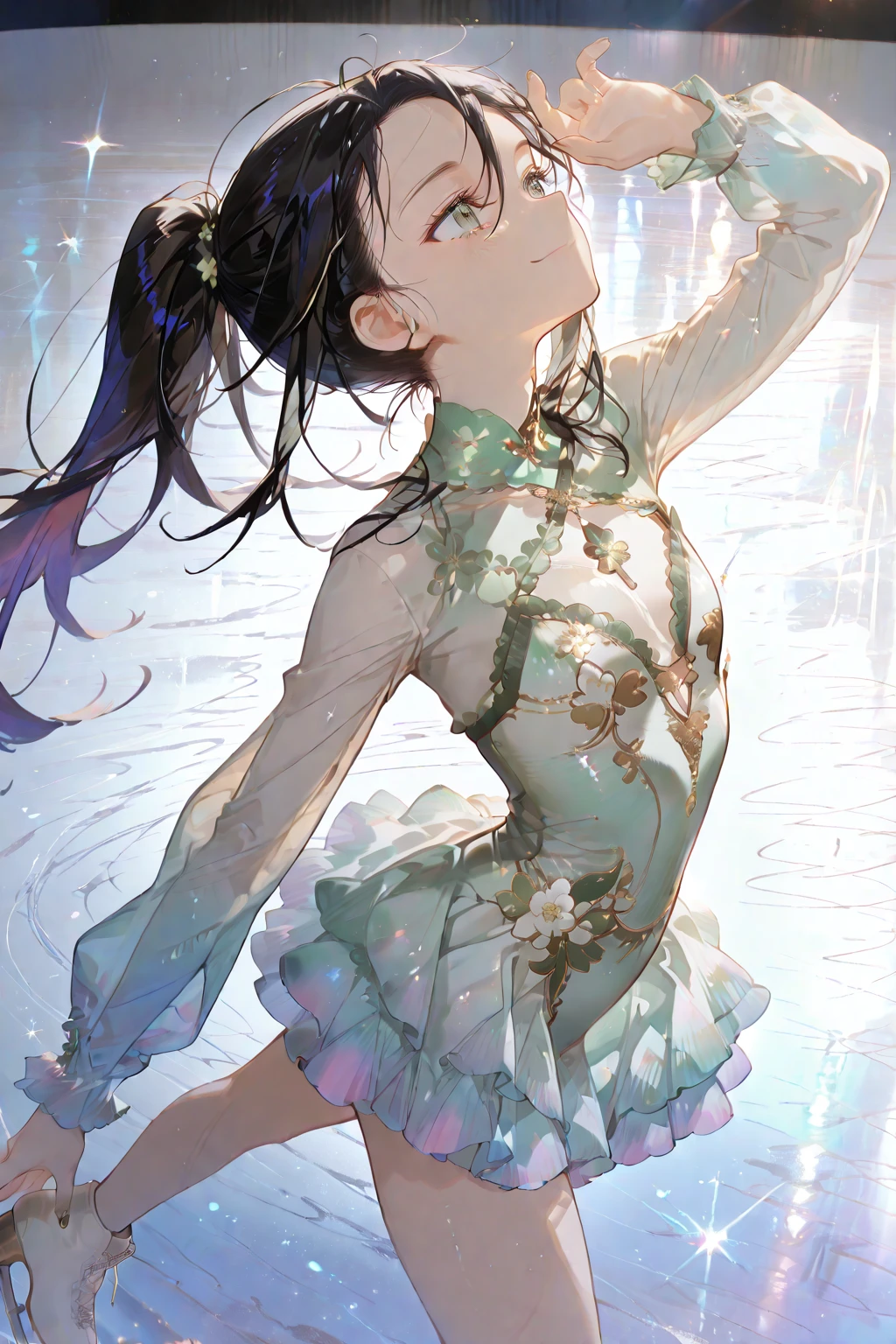 (((masterpiece))), (((best quality))), (((full body))), (((flying kick))), (((flying spin))), (((motion blur))), (((spiral lines))), ((dancing on grand ice skating exhibition)), (((raise leg))), (((raise skates))), (((raise arm))), (((dark purple see through floral print lace dress))), ((sleeves)), cinematic light, countless crowd, wind, night, solo, 1girl, (((black hair))), ((very long hair)), ponytail, ribbon, high neck, collar, (((big ))), enjoy, smile, shy, blush, (((petite figure))), (((face towards the sky))), ((hair flows upwards)), <lora:girllikeflyingspin:0.8>