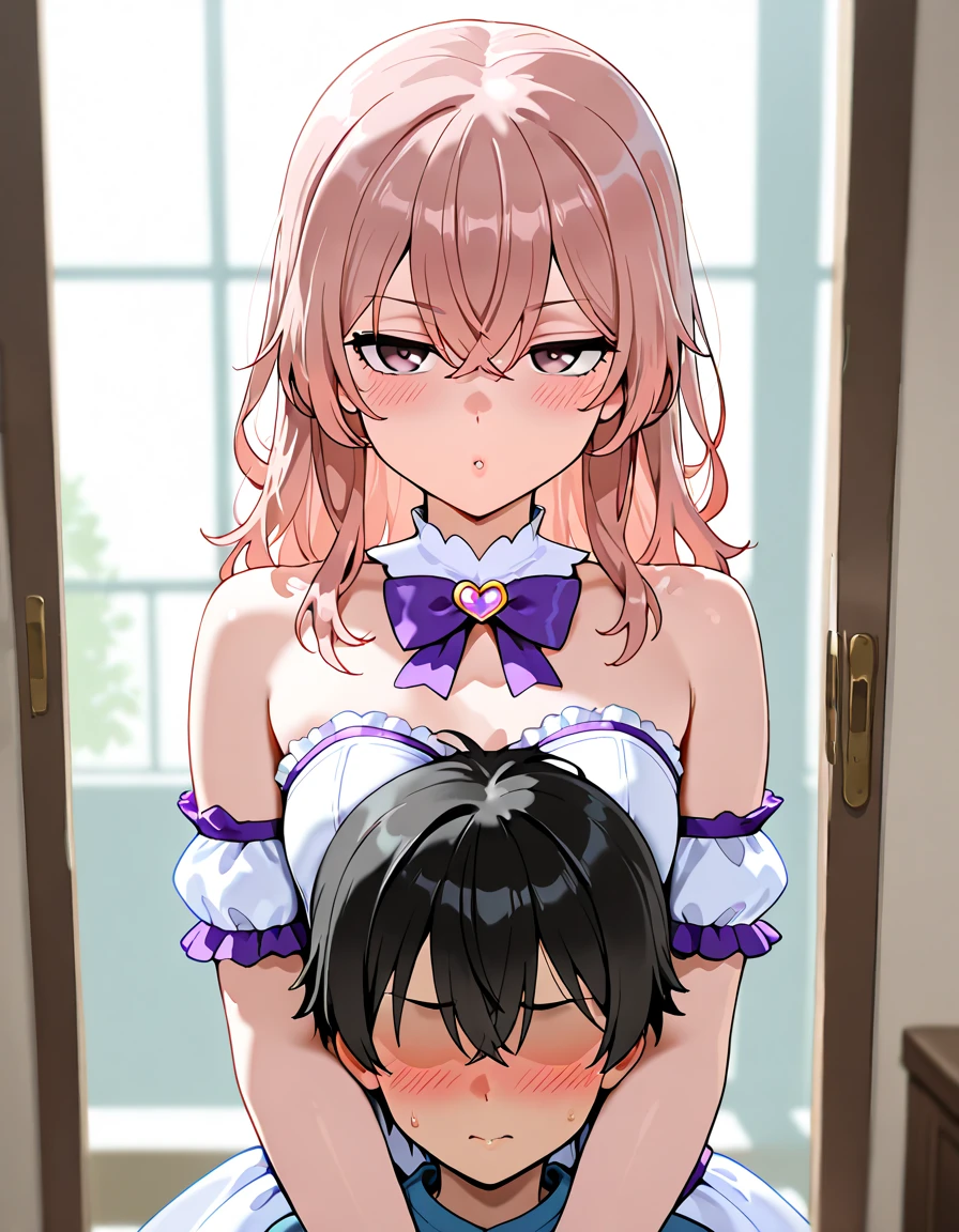 4k digital art,masterpiece,(, :1.5),(heart-shaped pupils),( on mouth),humid,face focus,from above,flat ,kneeling,high resolution,ultra detailed,(realistic,realistic mature woman,photorealistic), anime woman,pink eyes,black hair,blunt bangs,straight hair,(tareme:1.3),thick red lips,sweaty,mature  woman,necklace,(aroused and happy:1.4),drooling,excessive ,sweaty,necklace,(sweater),earring,outdoor,night light,back alley,,(empty eyes),(flying heart shapes:1.2)