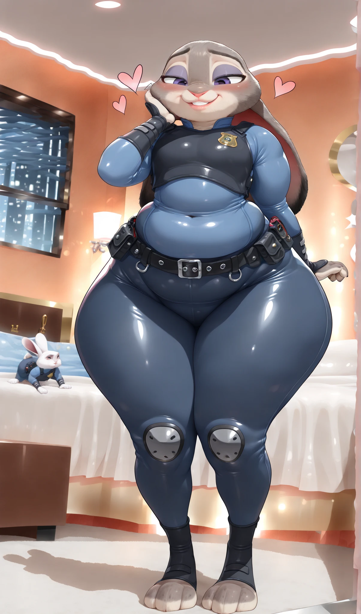 score_9, score_8_up, score_7_up, 1girl, solo, Judy Hopps from Zootopia, Police Uniforms, ( plump:1.6),thick thighs,(wide hips:1.4),thick arms,light blue inner shirt,Navy blue pantyhose,black belt,(long legs:1.2),(Wide body:1.5),Precise and detailed,flaky costume,(Rabbits' ears droop:1.3),blushing,purple eyeshadow makeup,pink lips,(I was horny:1.4),Touching the cheek,Big Purple Eyes,(Naughty Smile:1.1),heart symbol,hotel room,Patsu clothing