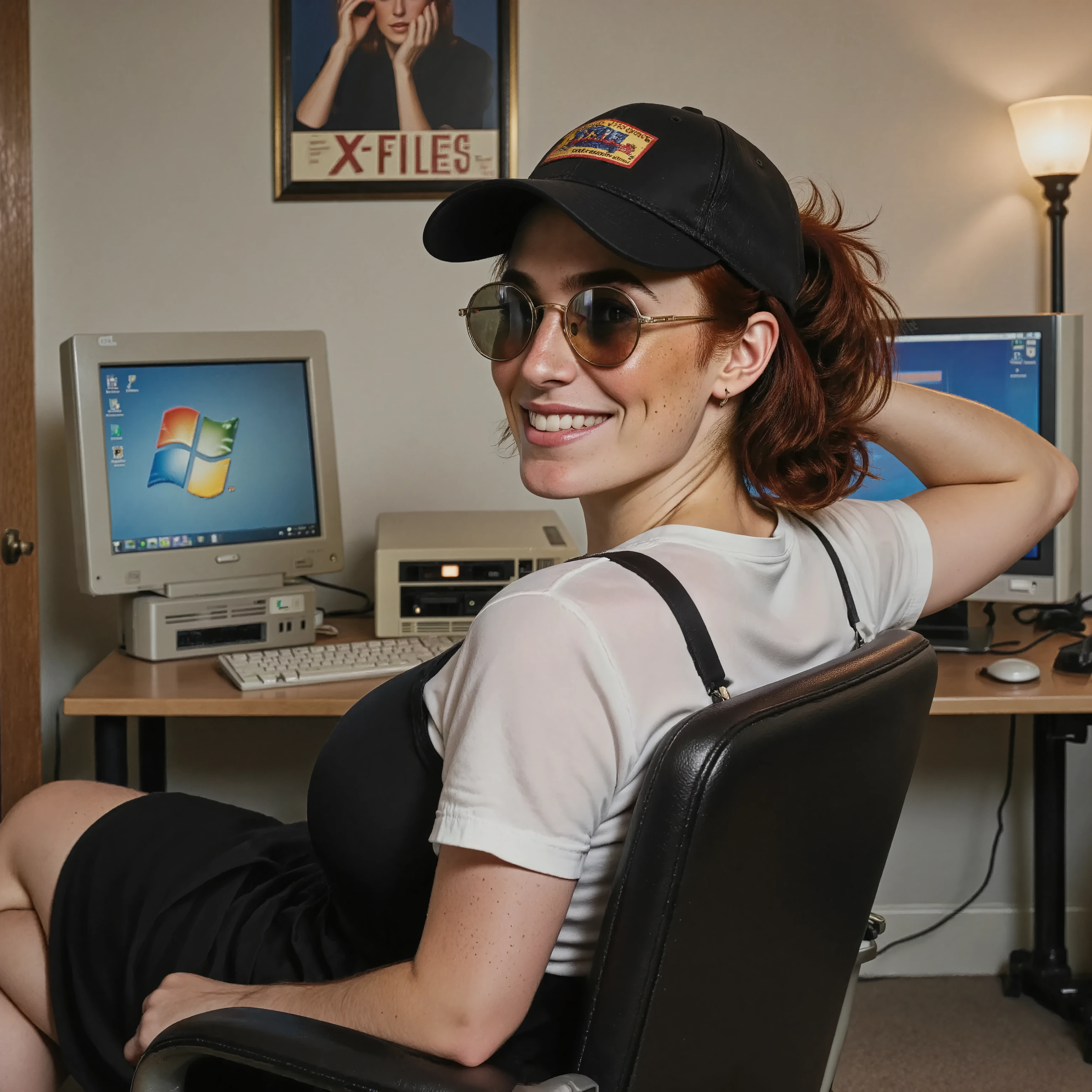 Photorealistic close up picture, cinematic style, margaret in a 1990s style home office room. she is sitting on a computer chair. wearing a 1990s style outfit. Wearing a black slip dress over a white t-shirt in 1990s style. a 1990s style hair kept straight and neat. straightened hair. black baseball cap worn backwards. Round mirrored sunglasses. The room has 1990s style beige carpet, on the wall an x-files fan poster. computer table with 1990s PC set on it. On the PC screen a windows 95 -logo. HDR, intricate details, retr0grade90s. she's looking in the camera and smiling,  leaning back in her chair and crossing her arms behind her head.